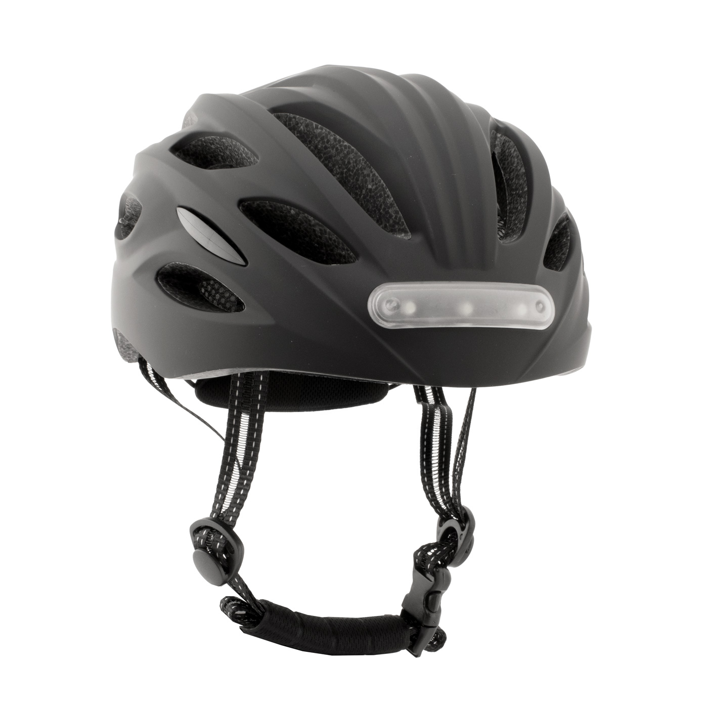 Un casco de bicicleta negro con luz y correas ajustables.