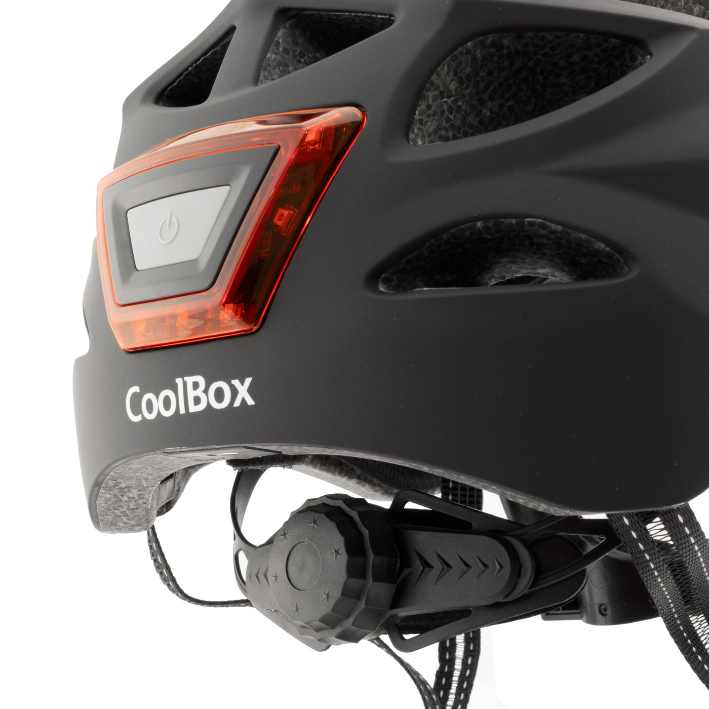 Casco de bicicleta CoolBox negro con luz y rueda de ajuste. Fondo blanco.