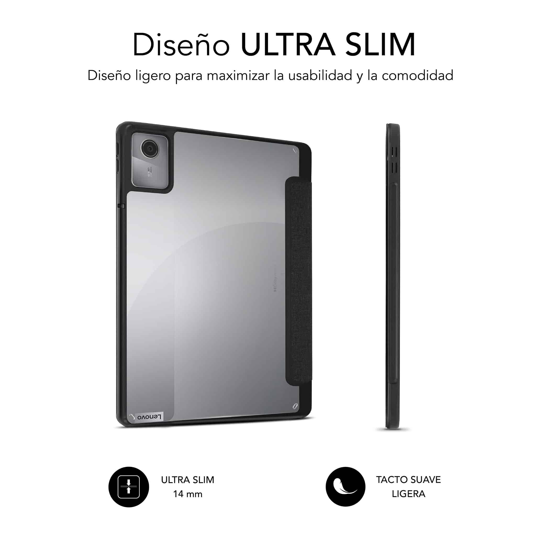 Tableta en funda, dos vistas. Texto: ULTRA SLIM, 14 mm. Iconos: grosor y tacto suave.