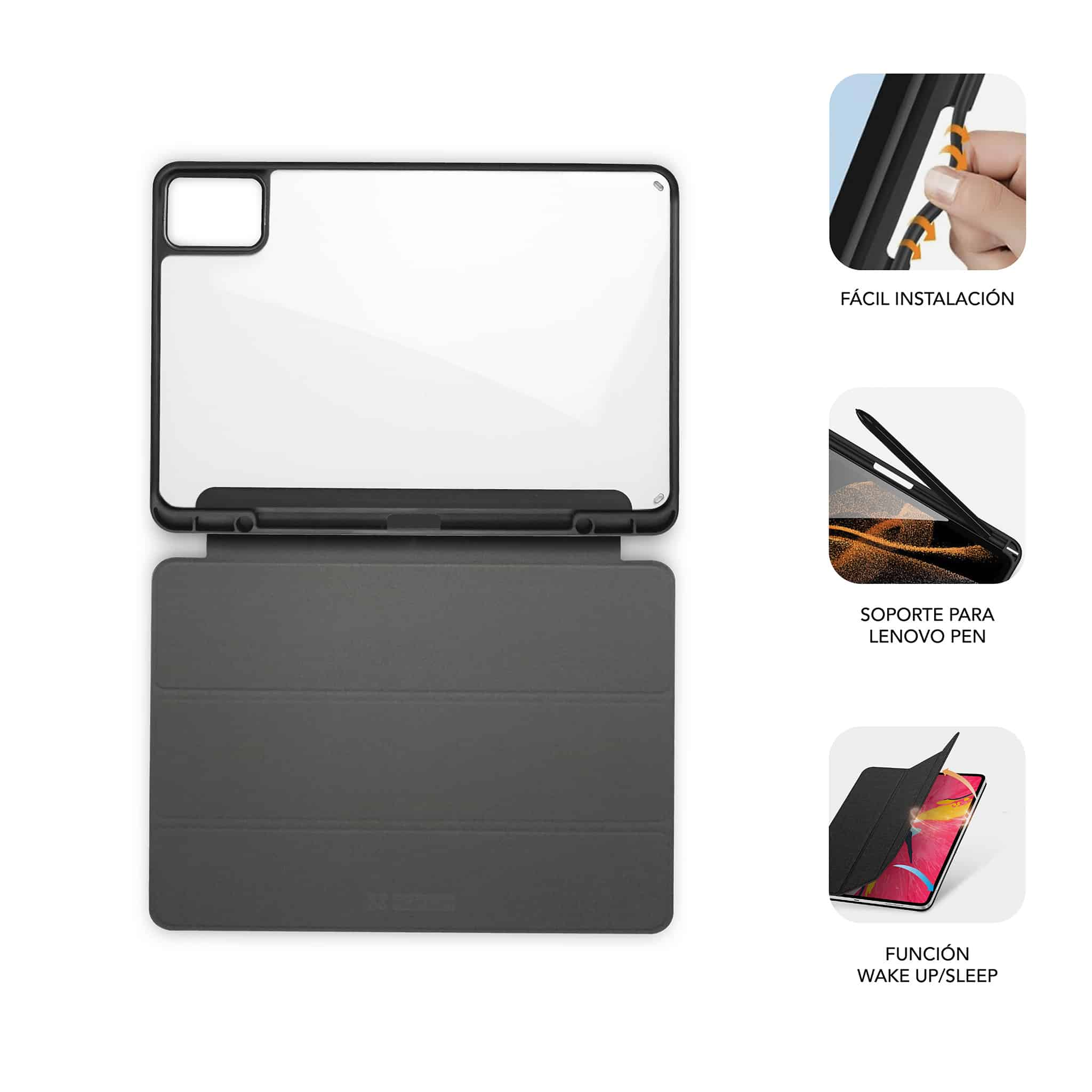 Una funda para tableta con una tableta dentro. Incluye funciones como fácil instalación y despertar/suspender.