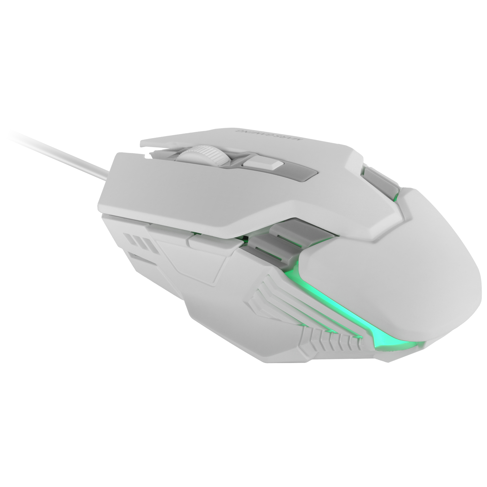 Un mouse da gioco bianco con un design futuristico ed effetti di luce verdi.