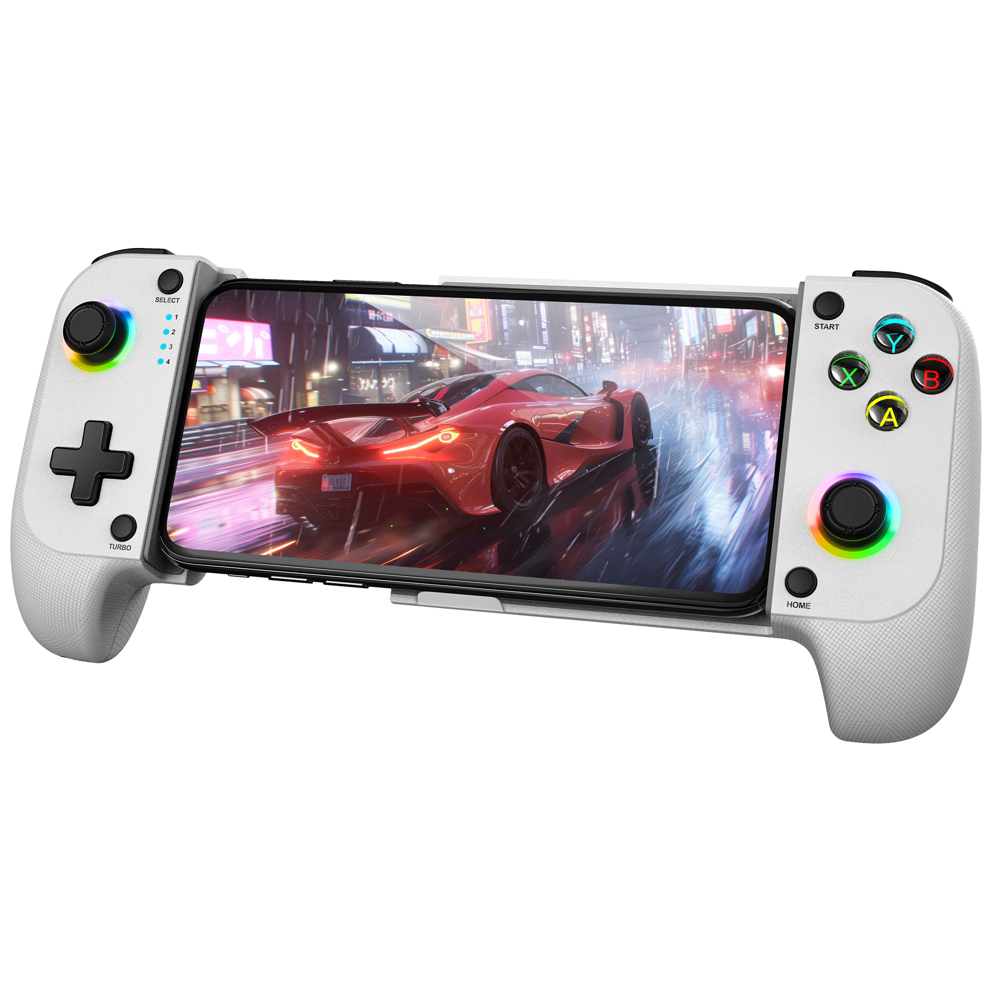 Biały gamepad ze smartfonem wyświetlającym grę wyścigową. Przyciski po obu stronach.