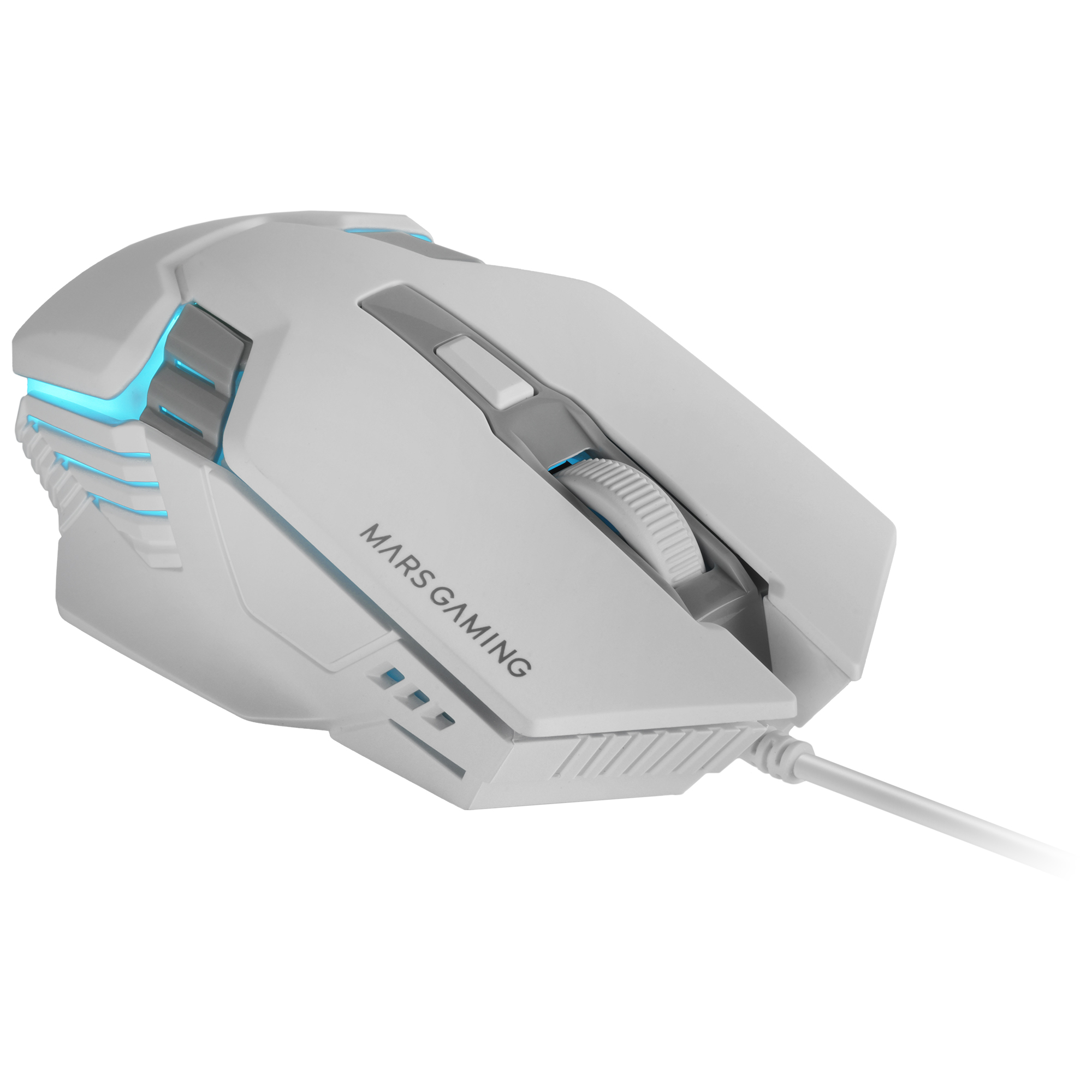Mouse Mars Gaming bianco e grigio con luci blu. Il mouse ha un filo.