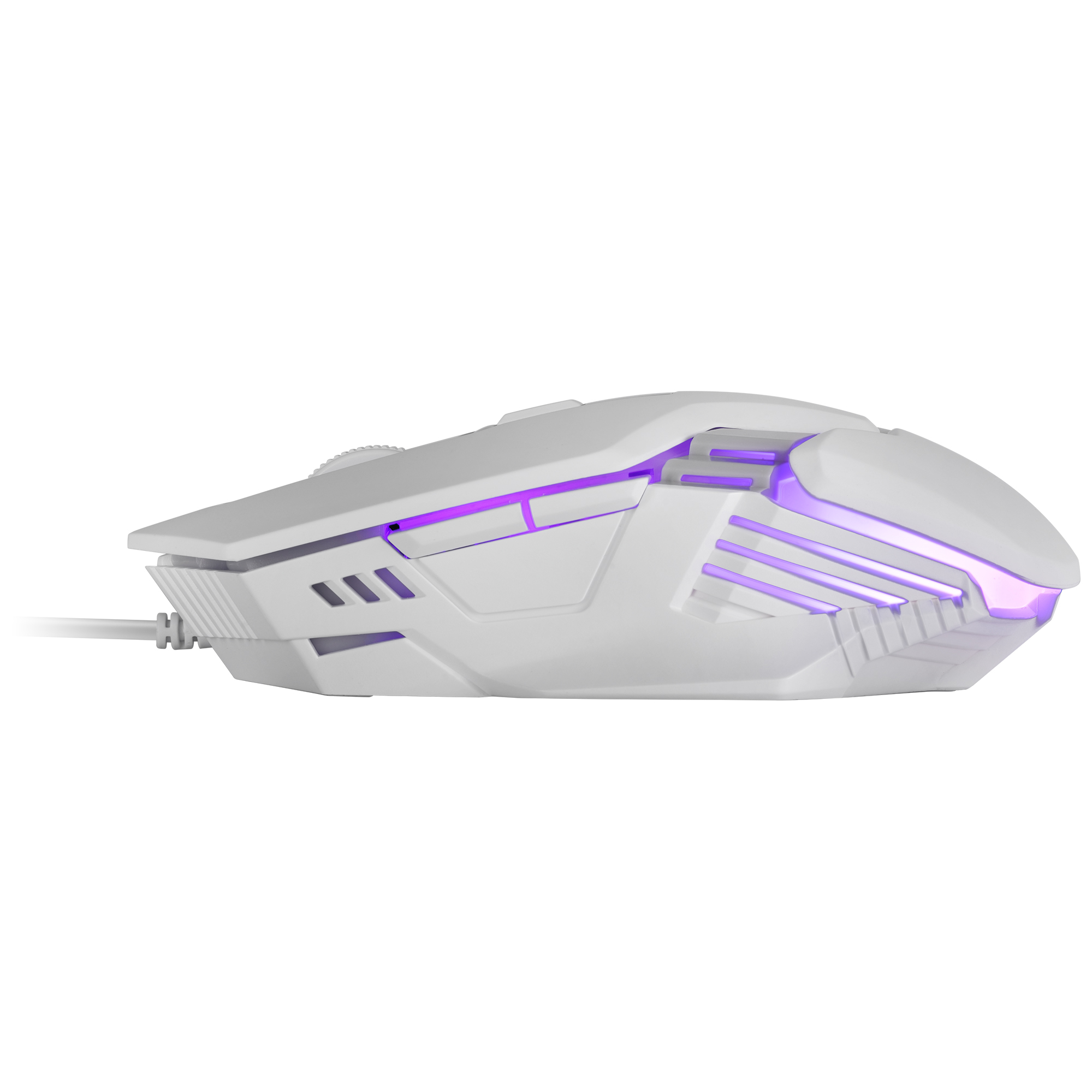 Mouse da gioco bianco con luci viola. Ha una rotella e dei pulsanti.