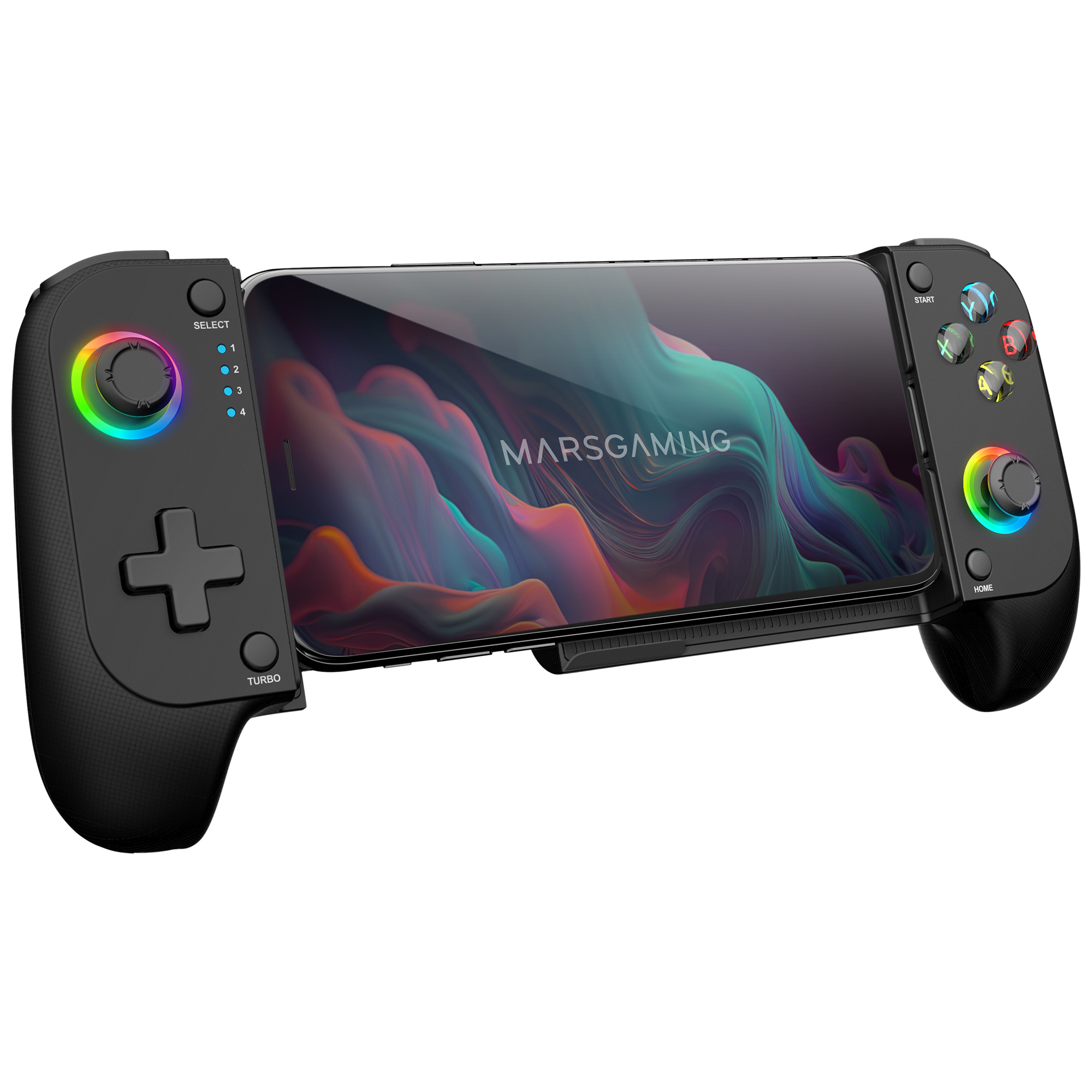 Controller di gioco nero con un telefono al centro. Il controller ha luci colorate.