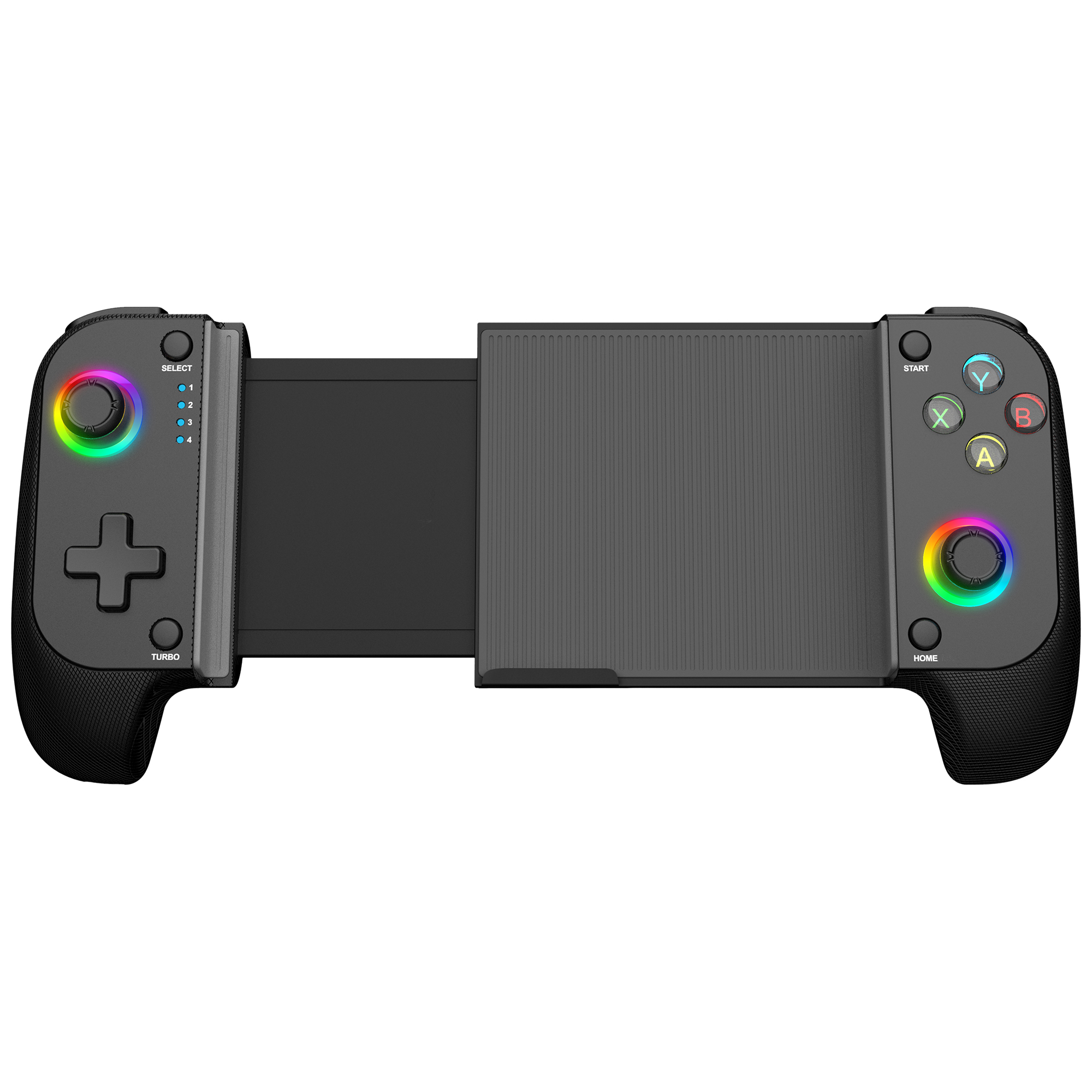 Un controller di gioco nero con diversi pulsanti e luci RGB. Ha un meccanismo scorrevole.