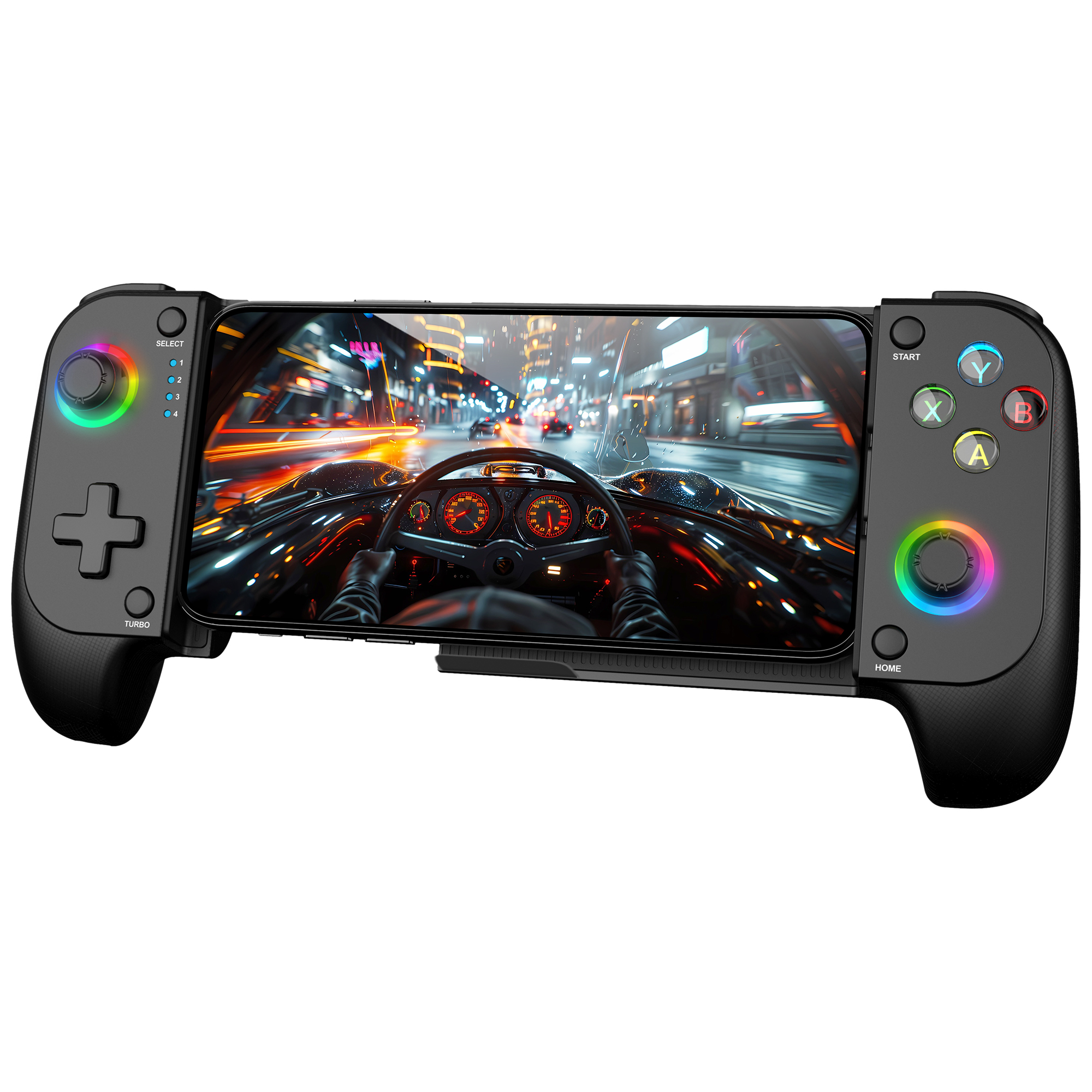 Un gamepad nero con un telefono che mostra un gioco di corse automobilistiche.