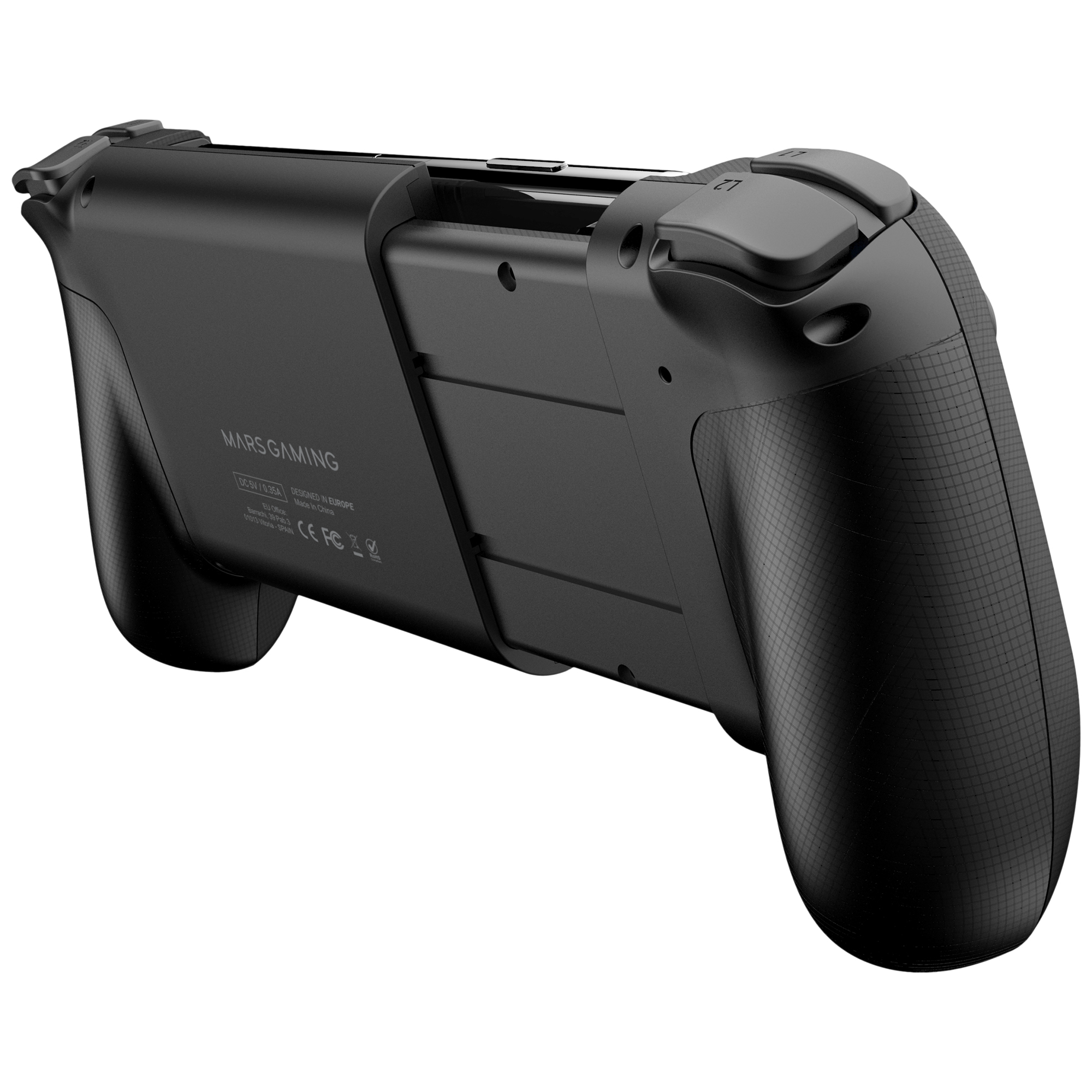 Controller di gioco nero, vista laterale, con pulsanti e impugnatura strutturata.