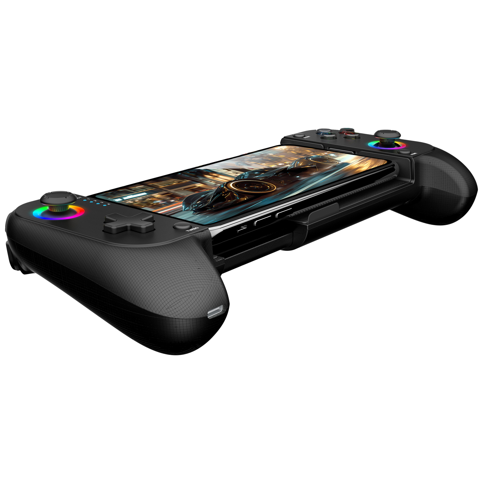 Gamepad nero con telefono al centro, pulsanti e joystick. Luci arcobaleno sui joystick.