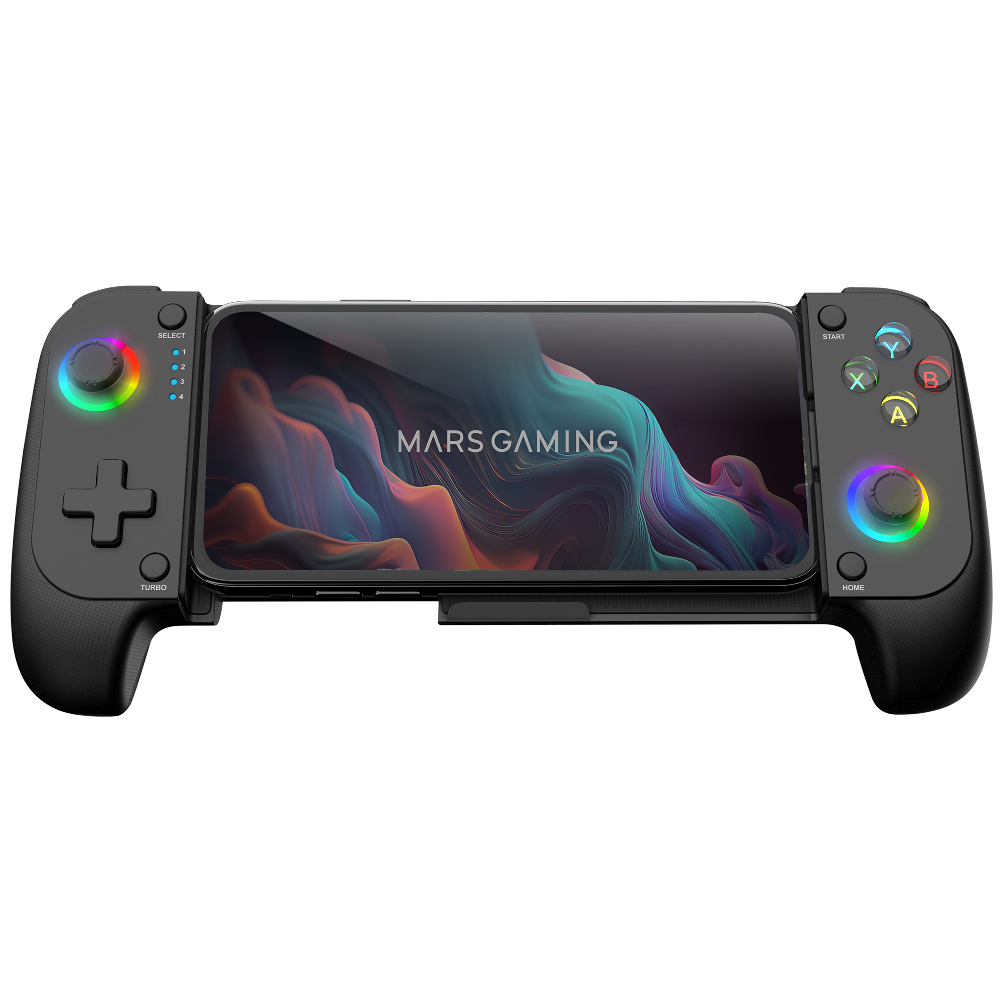 Controller di gioco nero con un telefono al centro, che mostra un'interfaccia di gioco.