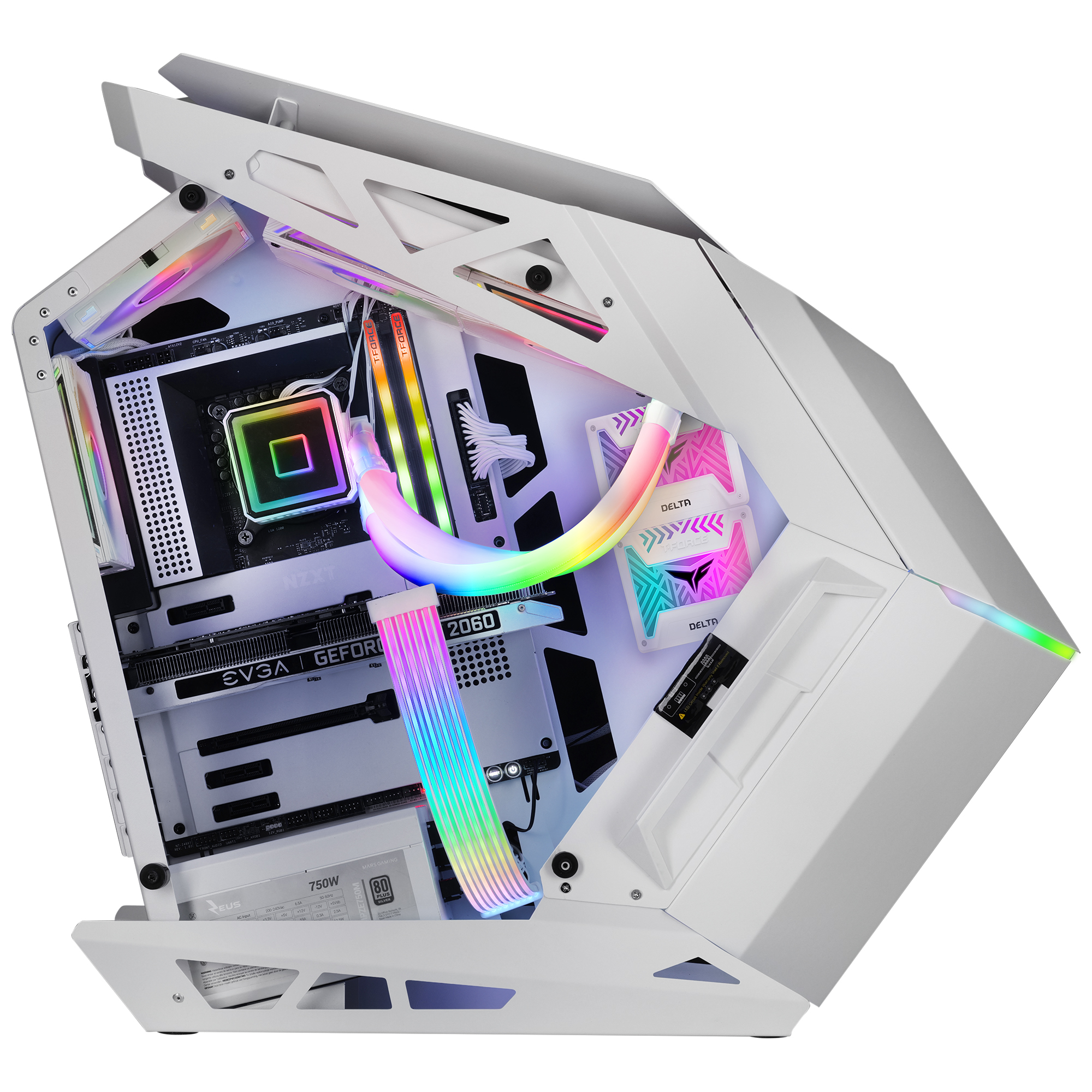 Case per computer bianco con componenti interni, tra cui GPU e dissipatore a liquido.
