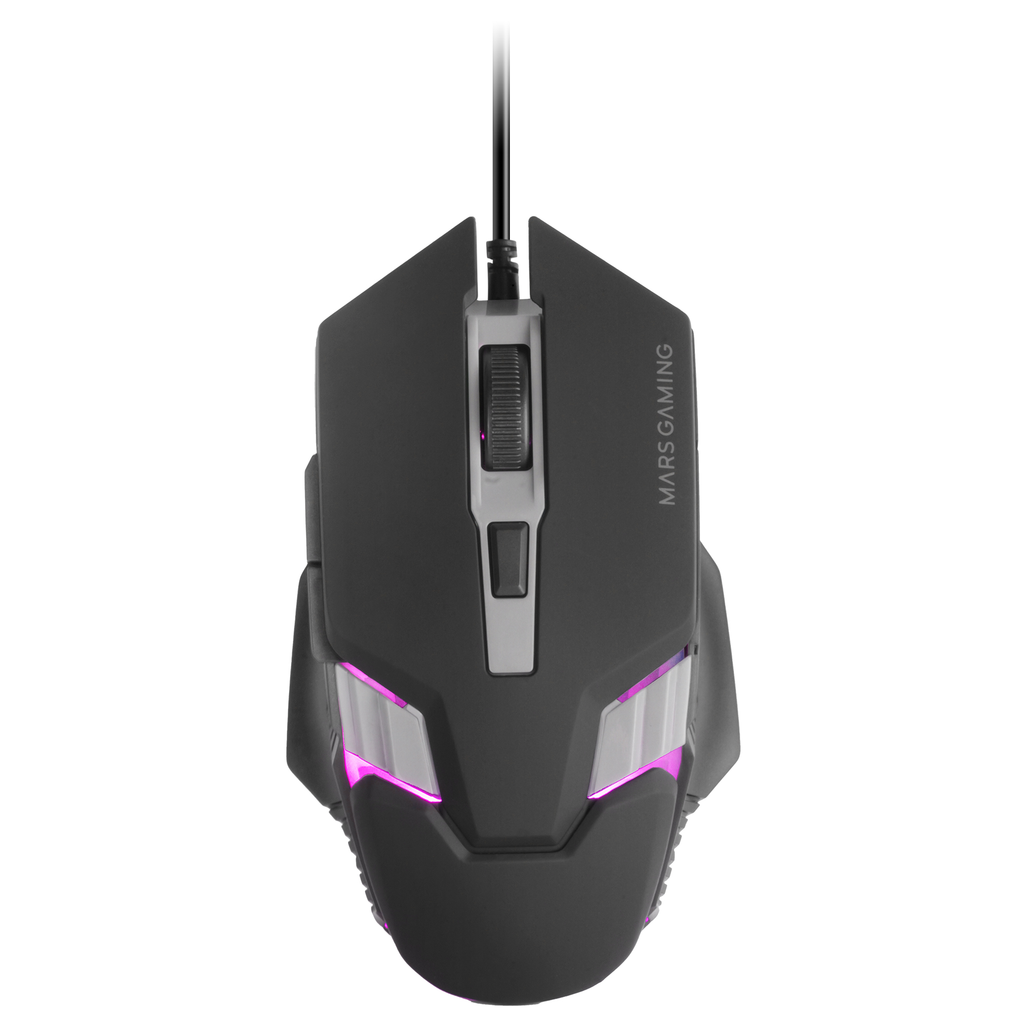 Ratón gaming negro con acentos de iluminación morada y una rueda de desplazamiento.