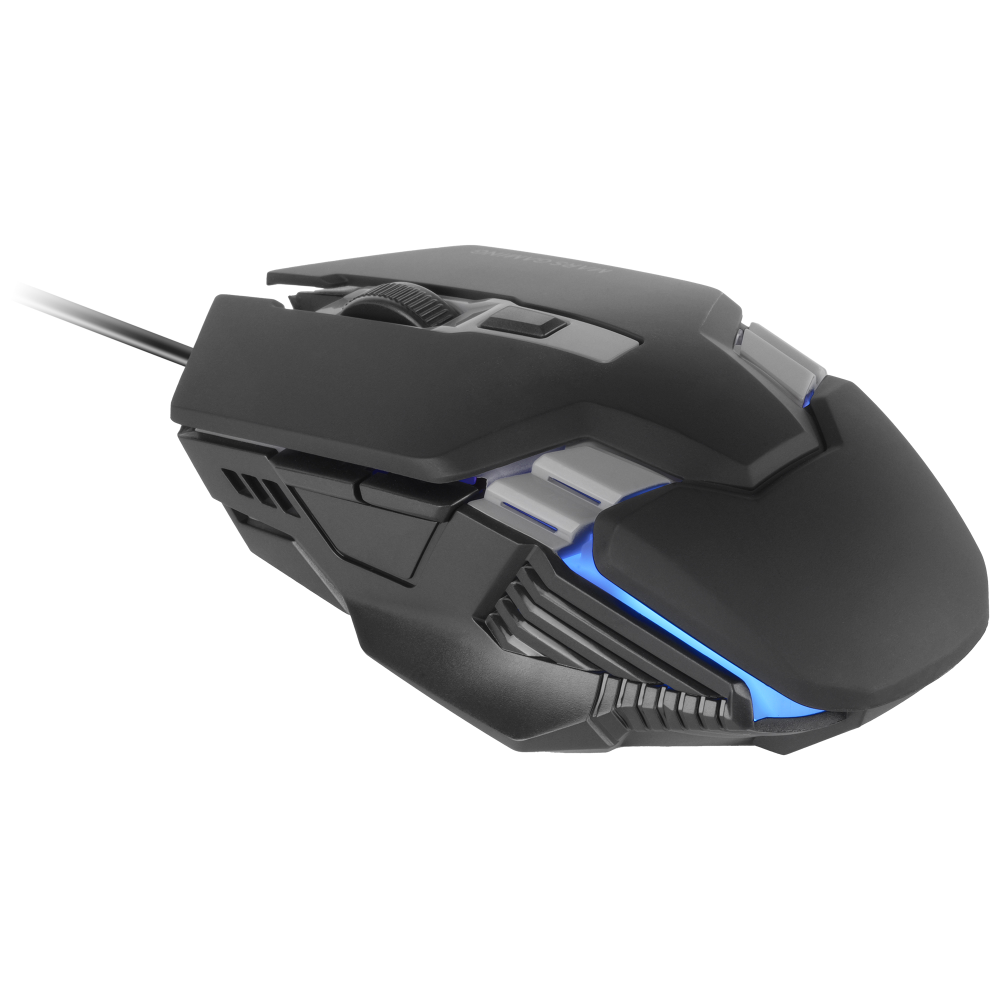 Ratón gaming negro con luces azules y cable.
