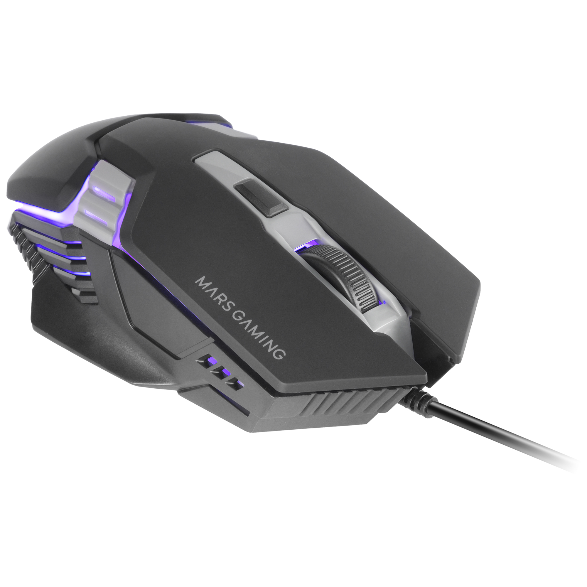 Ratón gaming negro con detalles grises, botones laterales y texto MARS GAMING.