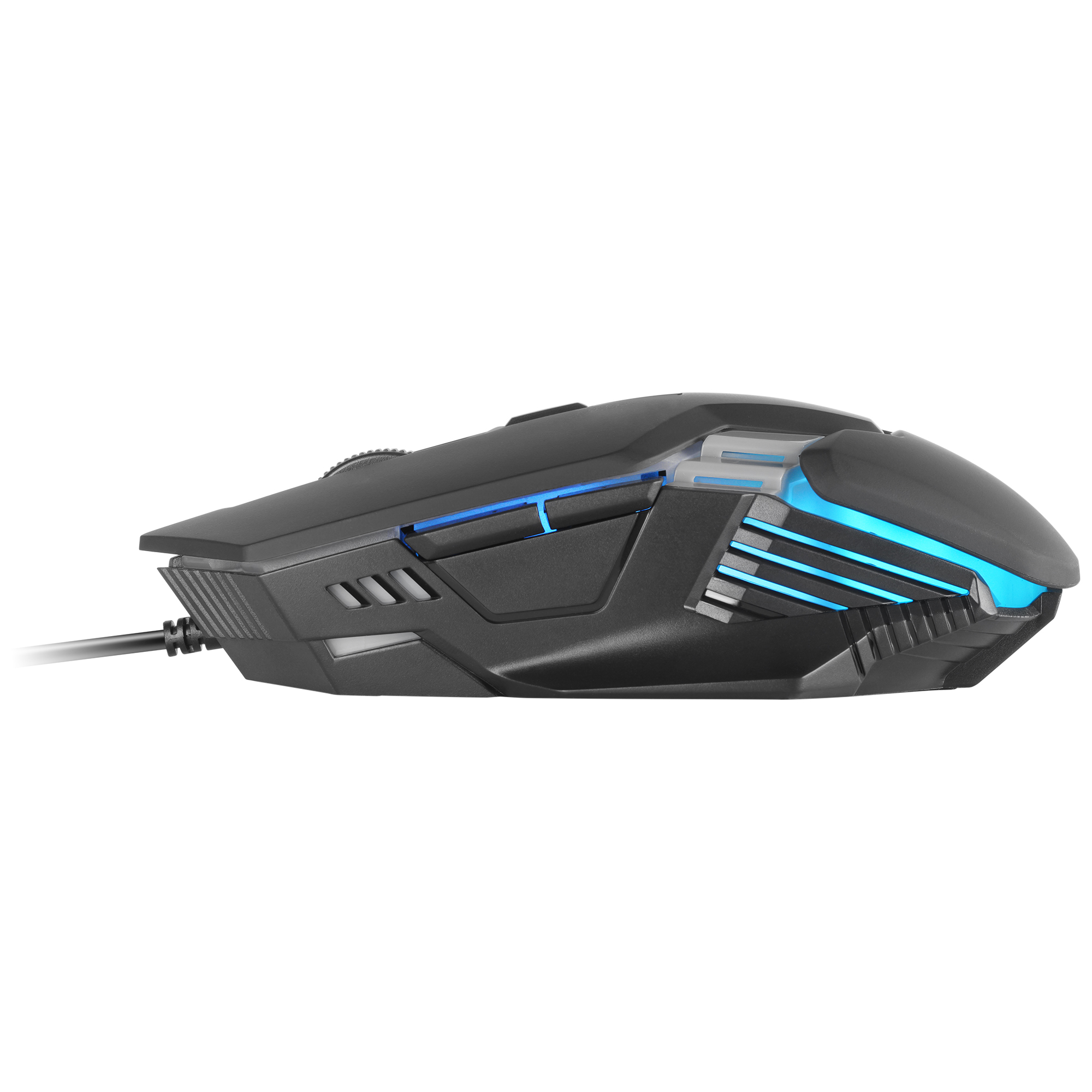 Ratón gaming negro con iluminación azul sobre fondo blanco.