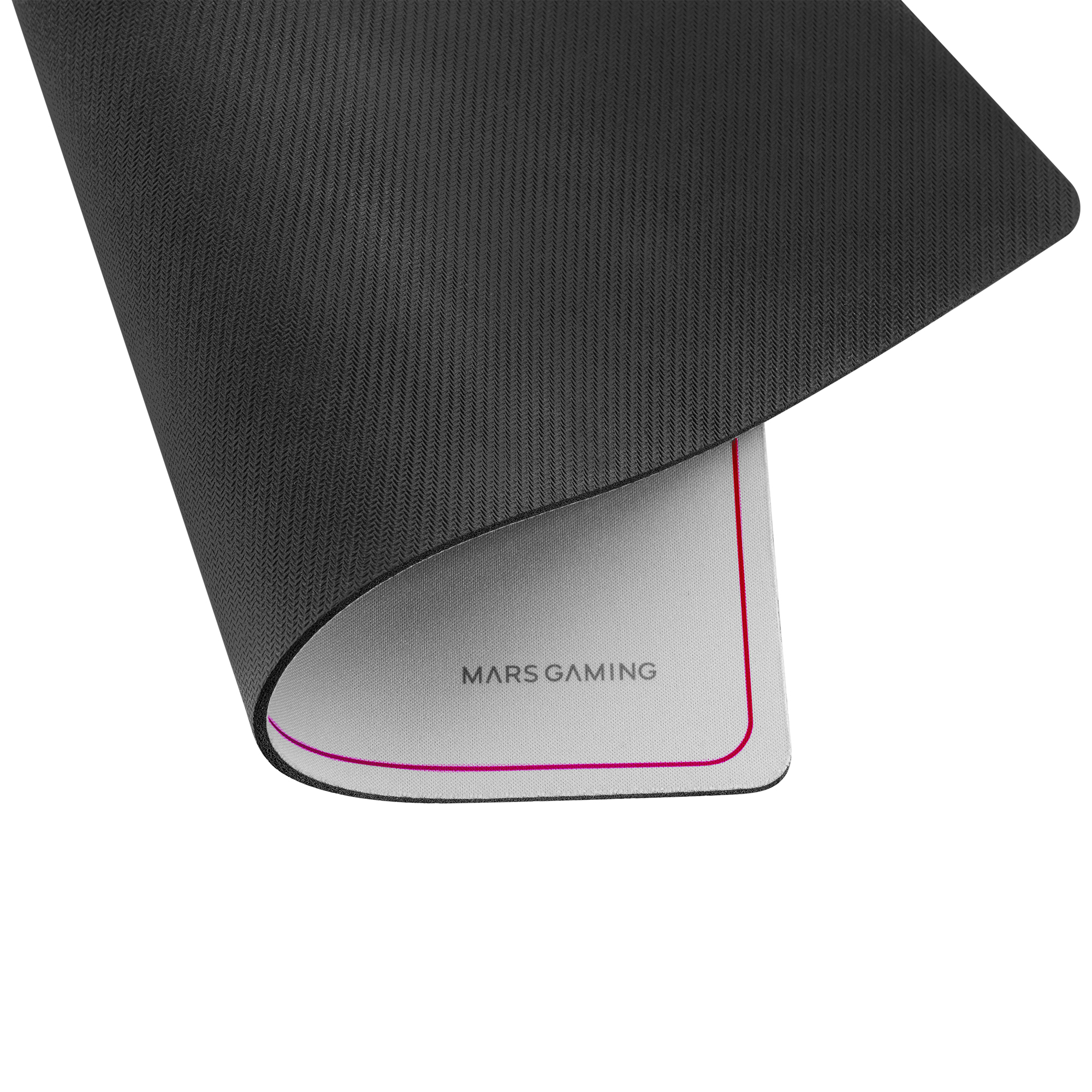 Czarna podkładka pod mysz z teksturowaną powierzchnią, częściowo zakrywająca białą część z 'MARS GAMING' i czerwonym obramowaniem.