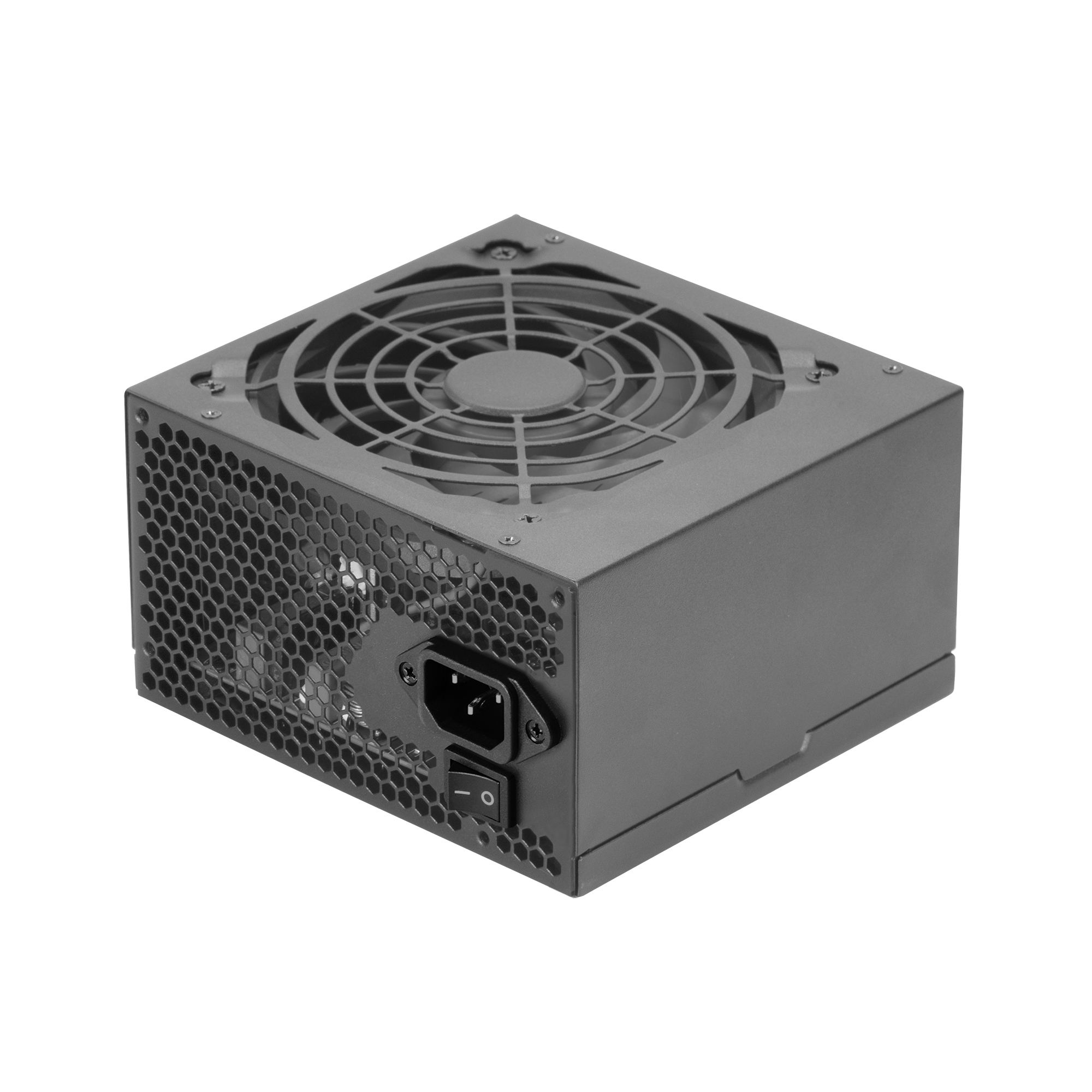 Una fuente de alimentación gris con ventilador arriba y conector/interruptor al lado.