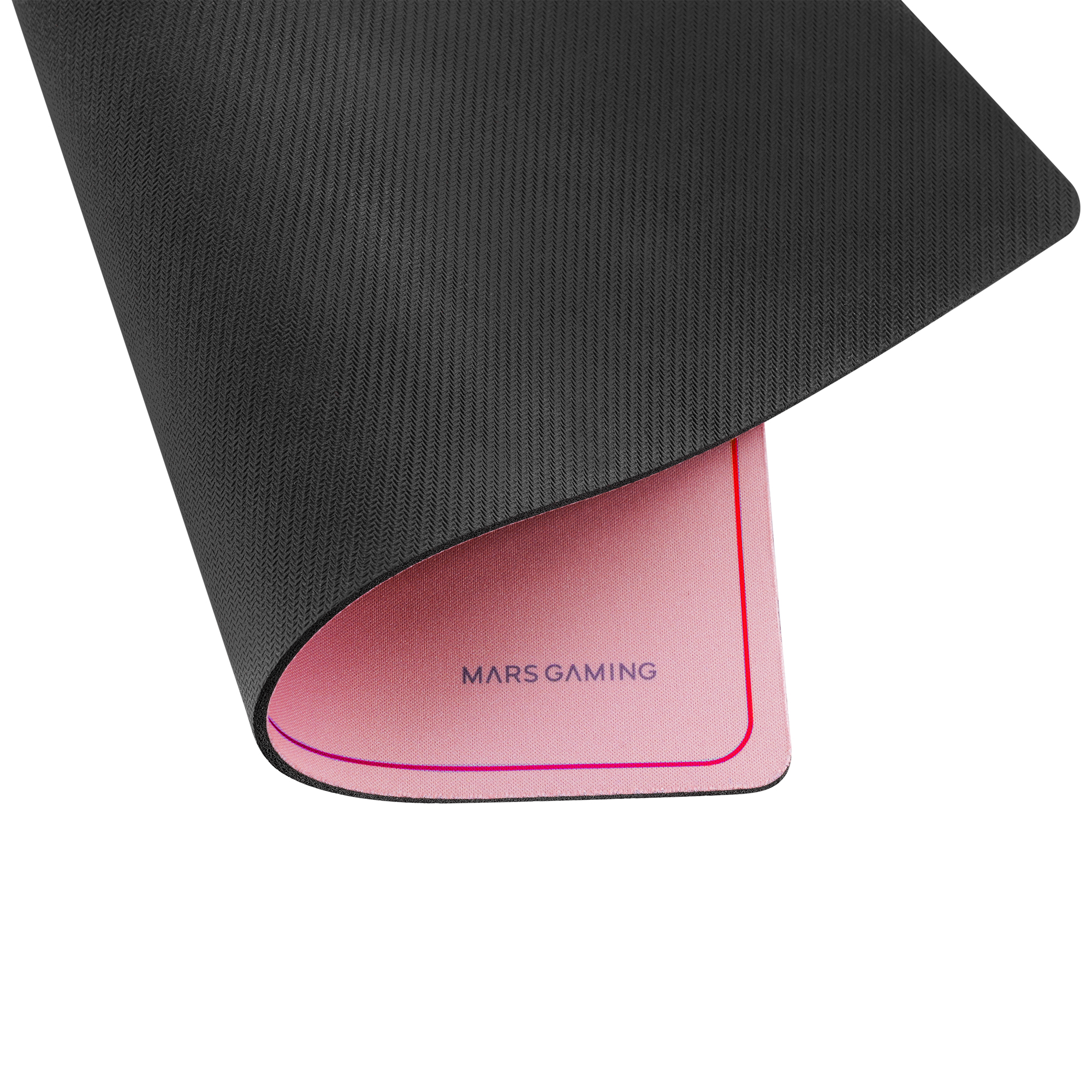 Czarna podkładka pod mysz z różowym spodem. Na różowym boku nadruk 'MARS GAMING'. Widoczna czerwona obwódka.