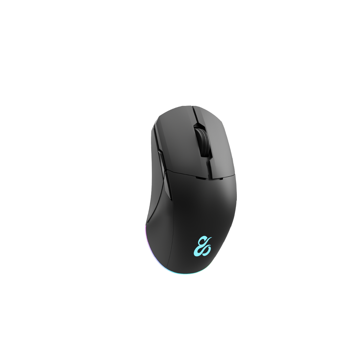 Mouse wireless nero. Vista dall'alto su sfondo nero. Logo in basso.