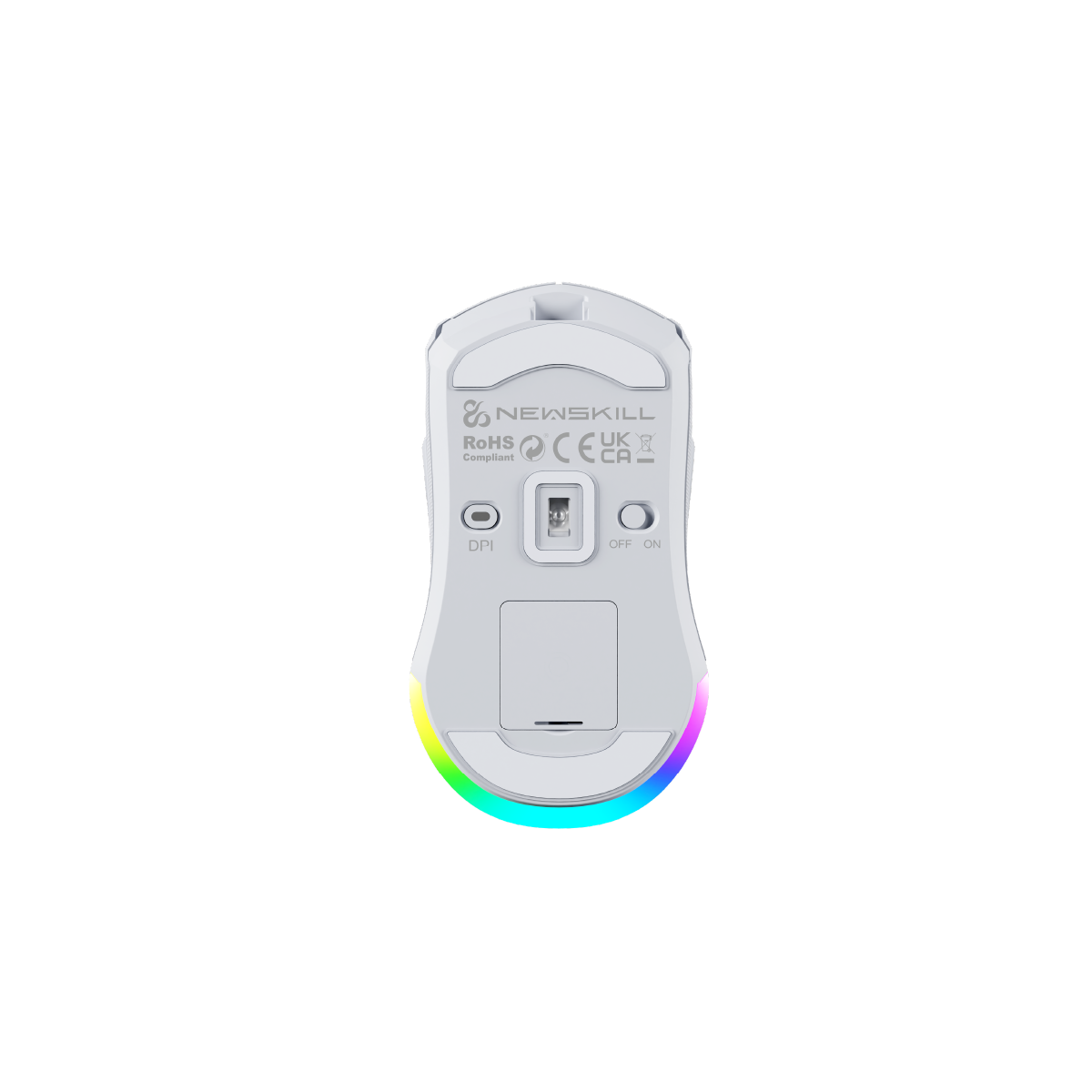 Un mouse da gioco Newskill bianco, vista inferiore, con impostazioni DPI e on/off.
