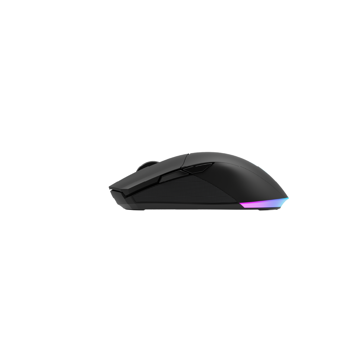 Un mouse da gioco nero con impugnatura testurizzata e illuminazione colorata su sfondo nero.