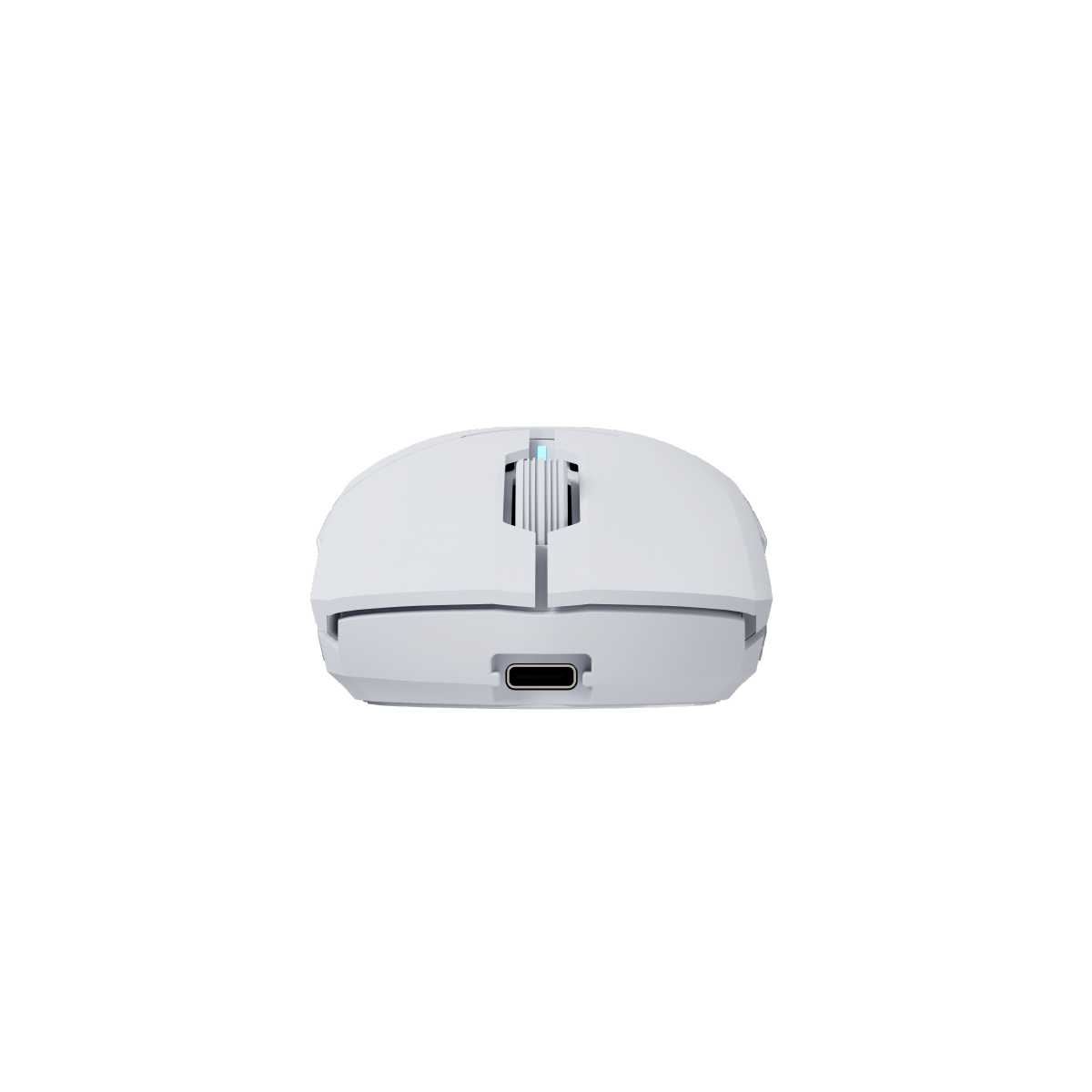 Mouse bianco con porta USB-C frontale. Su sfondo nero.