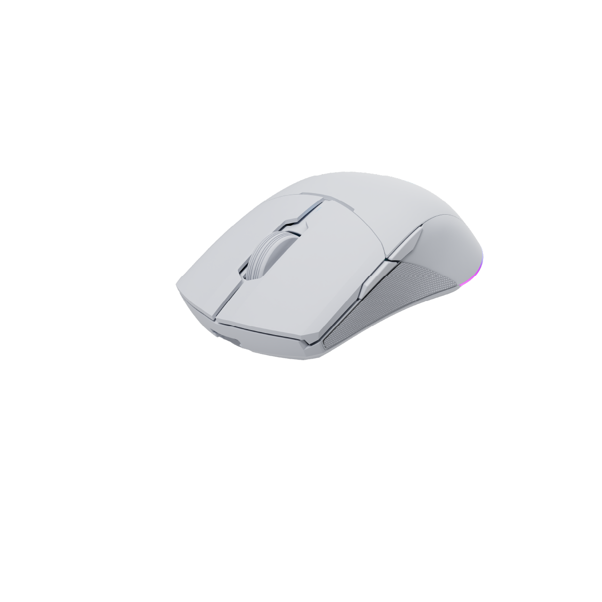 Mouse per computer bianco con rotella di scorrimento, sfondo nero. Il mouse è angolato.