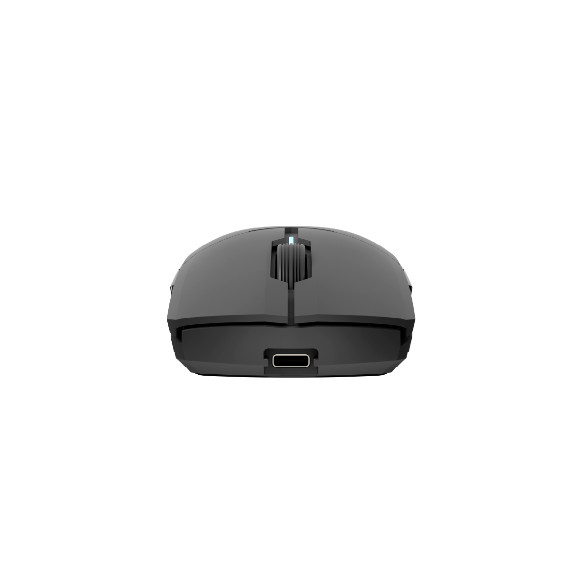 Mouse wireless nero con una porta USB-C nella parte inferiore.