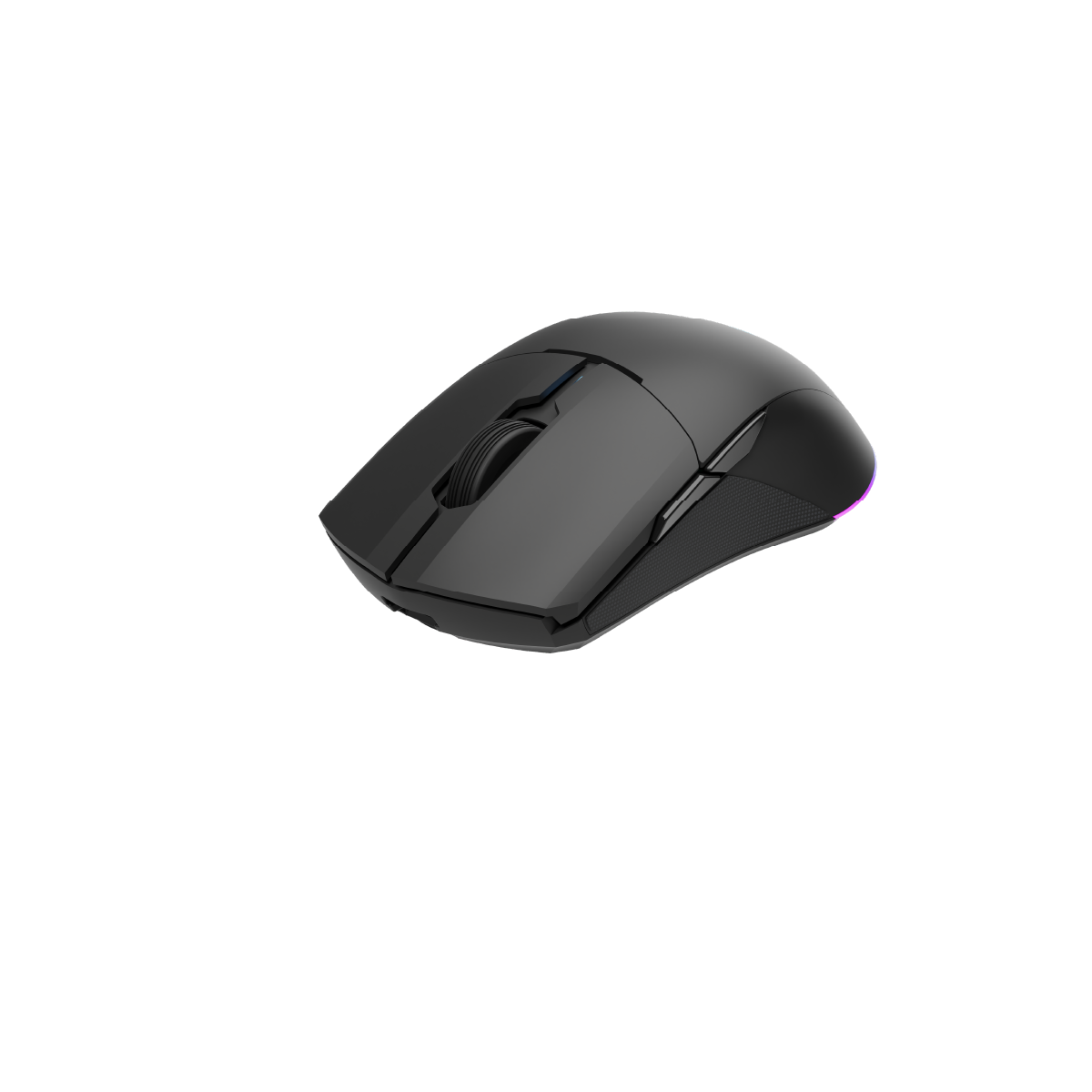 Mouse wireless nero con rotella e pulsanti, su sfondo nero.