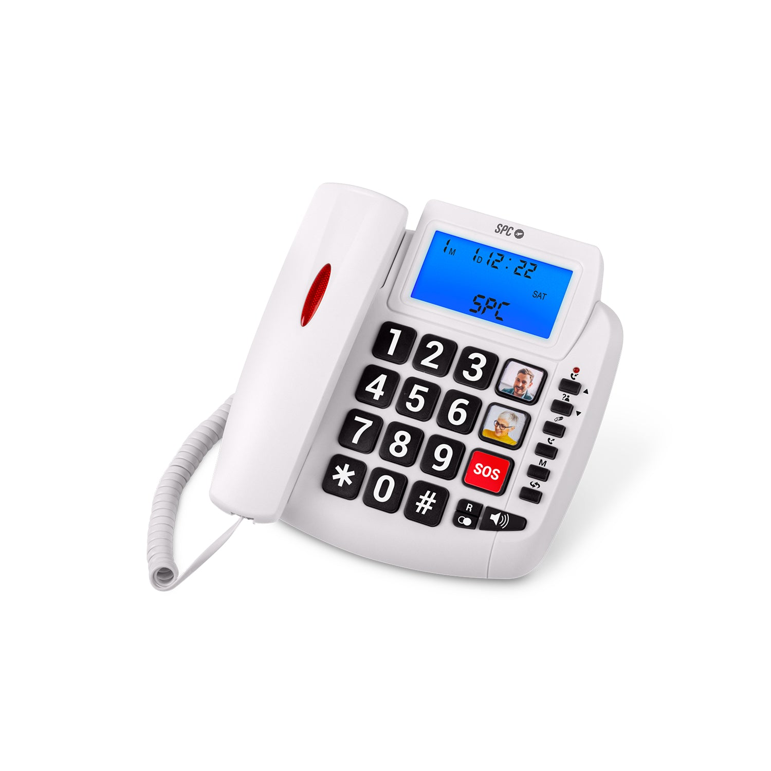 Telefono fisso bianco con tasti grandi e un pulsante SOS.