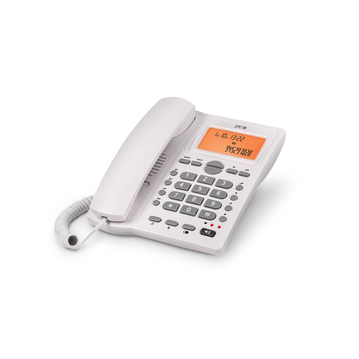 Weißes Festnetztelefon mit Tasten und Display, das Uhrzeit und Datum anzeigt.