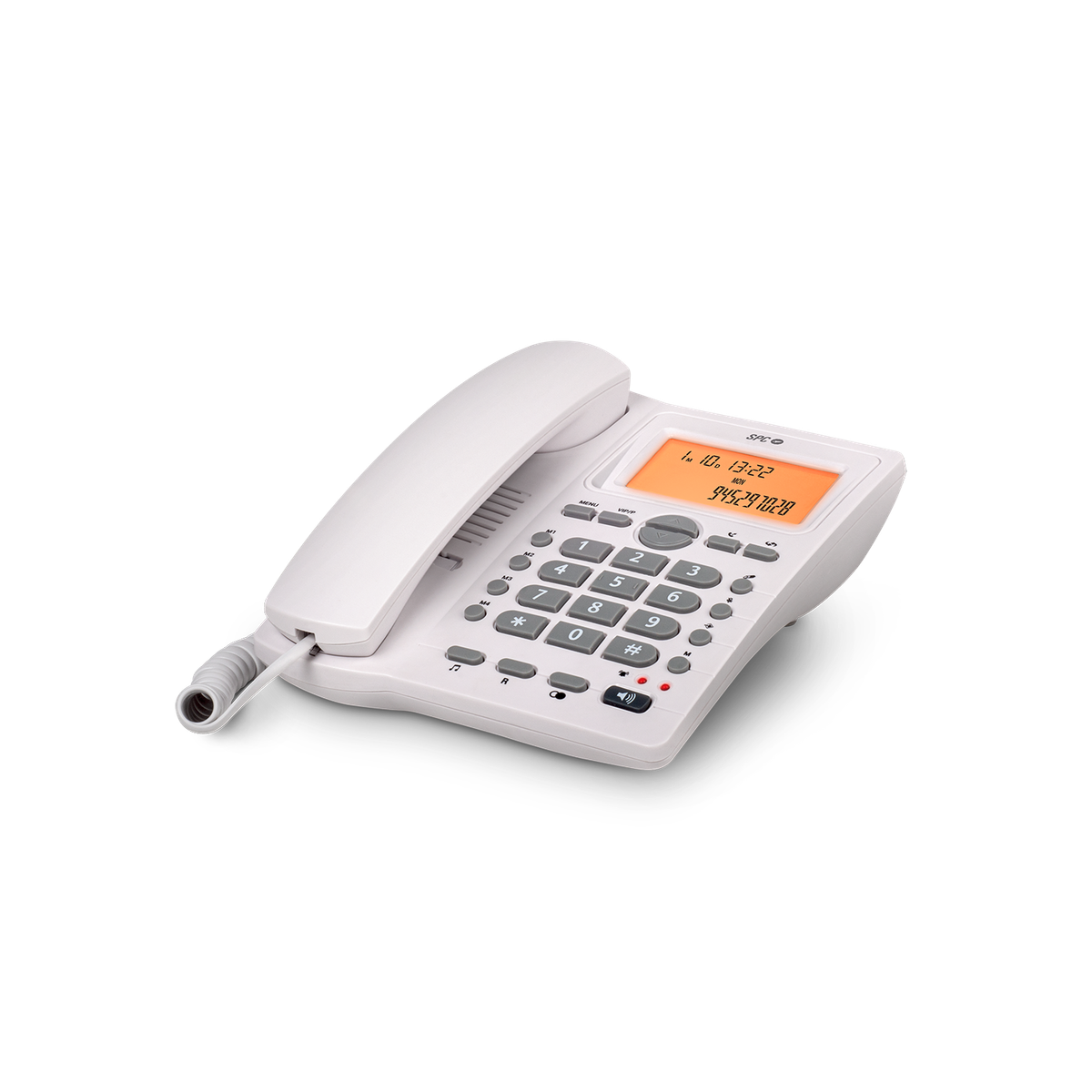Weißes Festnetztelefon auf dunkler Oberfläche. Anzeige zeigt Datum und Telefonnummer.