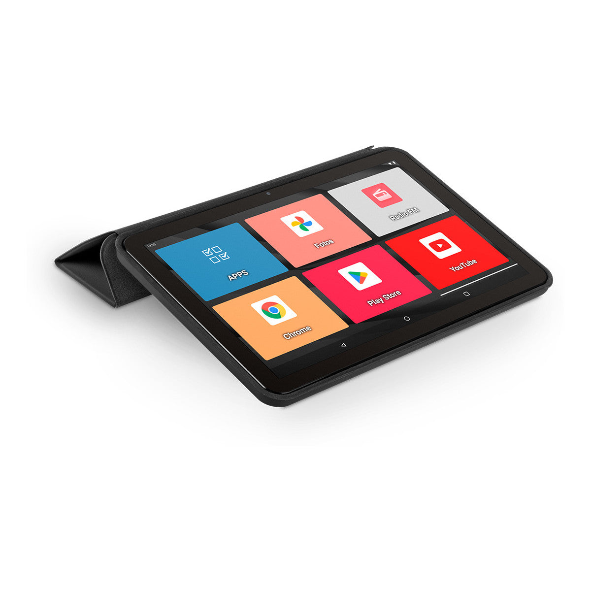 Una tableta negra con pantalla táctil que muestra iconos de aplicaciones: Apps, Fotos, Chrome, Play Store, YouTube.