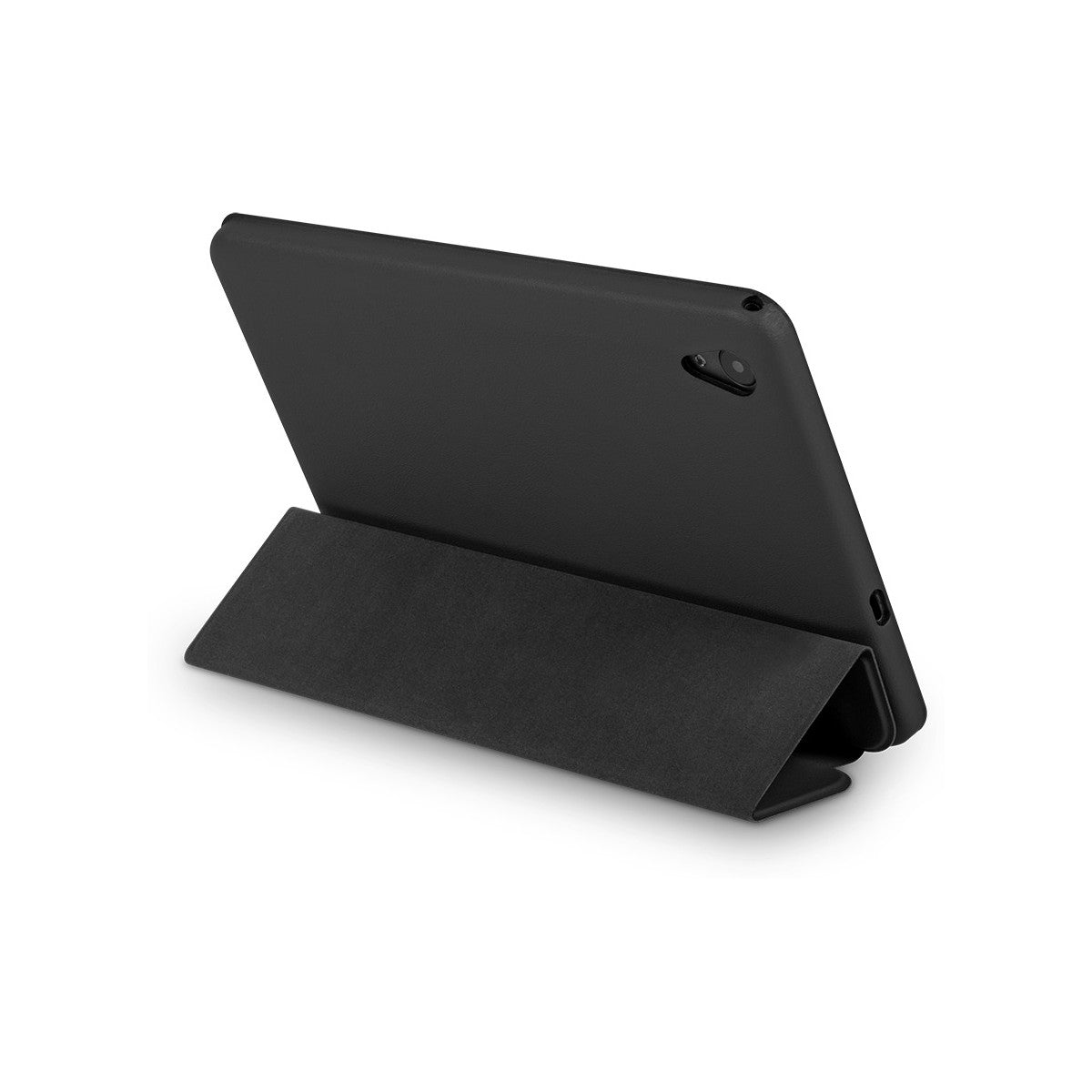 Tableta negra apoyada por una funda. La funda está doblada. La tableta está sobre una superficie blanca.