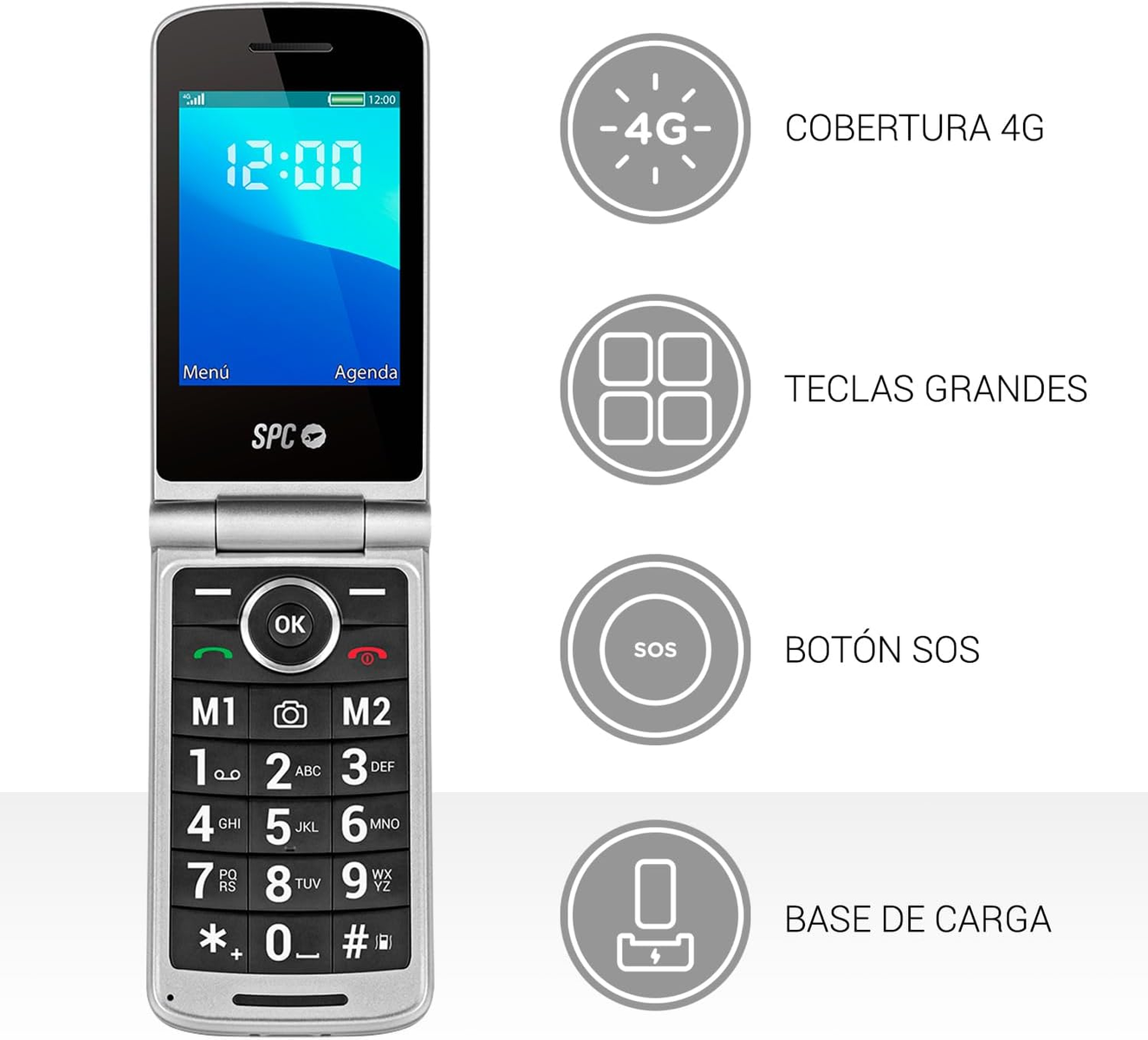 Srebrny telefon z klapką z ekranem pokazującym godzinę 12:00 oraz etykietami tekstowymi dla funkcji.