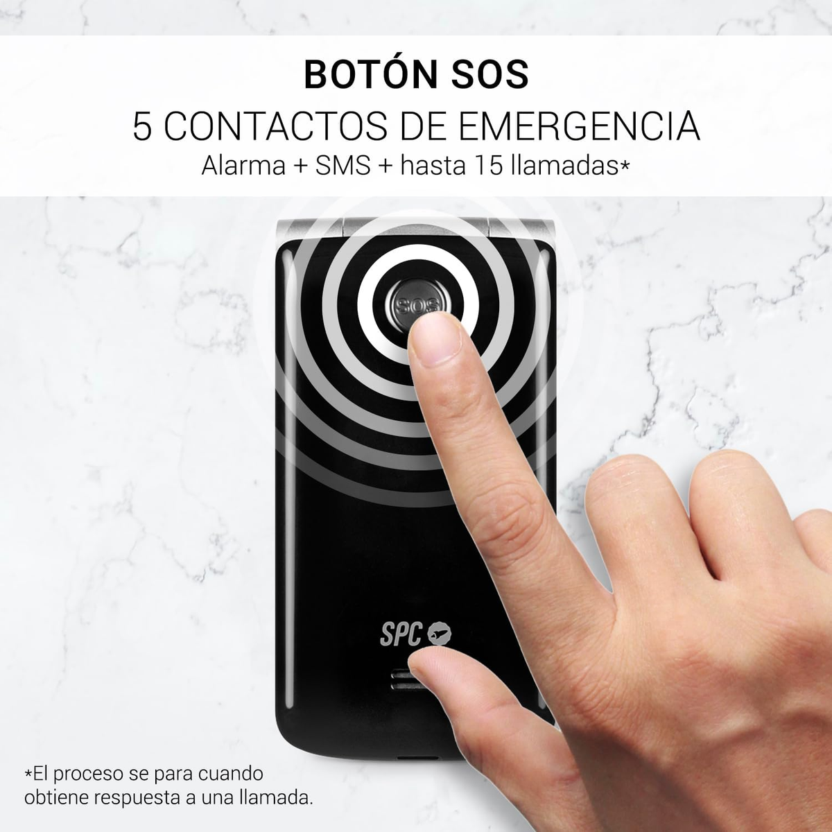 Dłoń naciska przycisk SOS na czarnym telefonie z klapką z informacjami kontaktowymi w nagłych wypadkach.