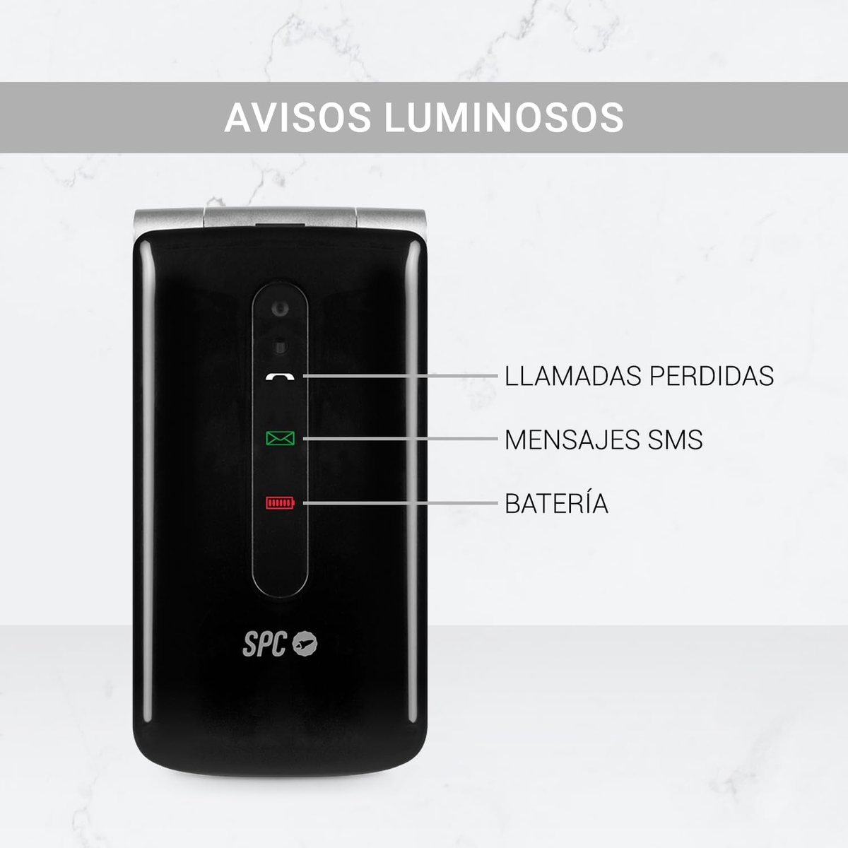 Czarny telefon z klapką, wyłączony ekran, ze wskaźnikami nieodebranych połączeń, SMS i baterii.