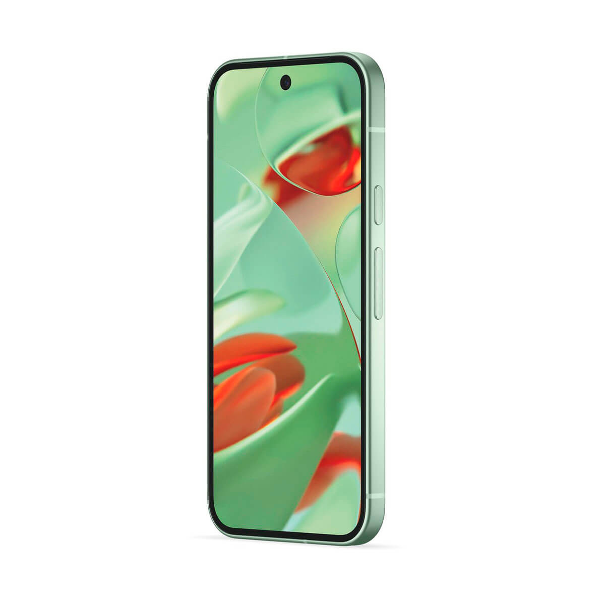 Miętowy smartfon z zakrzywionym ekranem. Posiada aparat i regulację głośności.