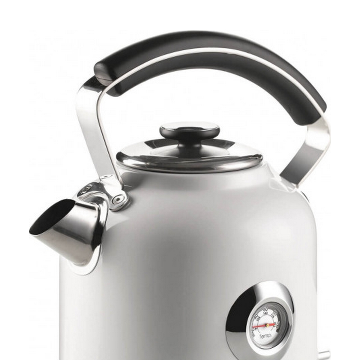 Zbliżenie białego czajnika z czarnym uchwytem i termostatem. Czajnik jest biały ze srebrnymi akcentami.