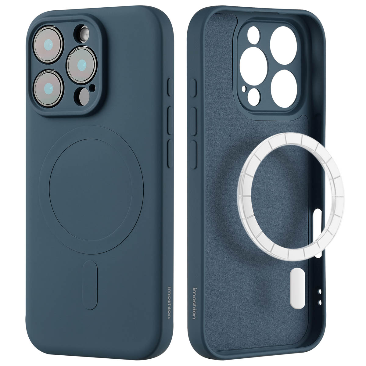 Deux coques de téléphone. L'une est bleue, l'autre est ouverte pour montrer un cercle blanc.