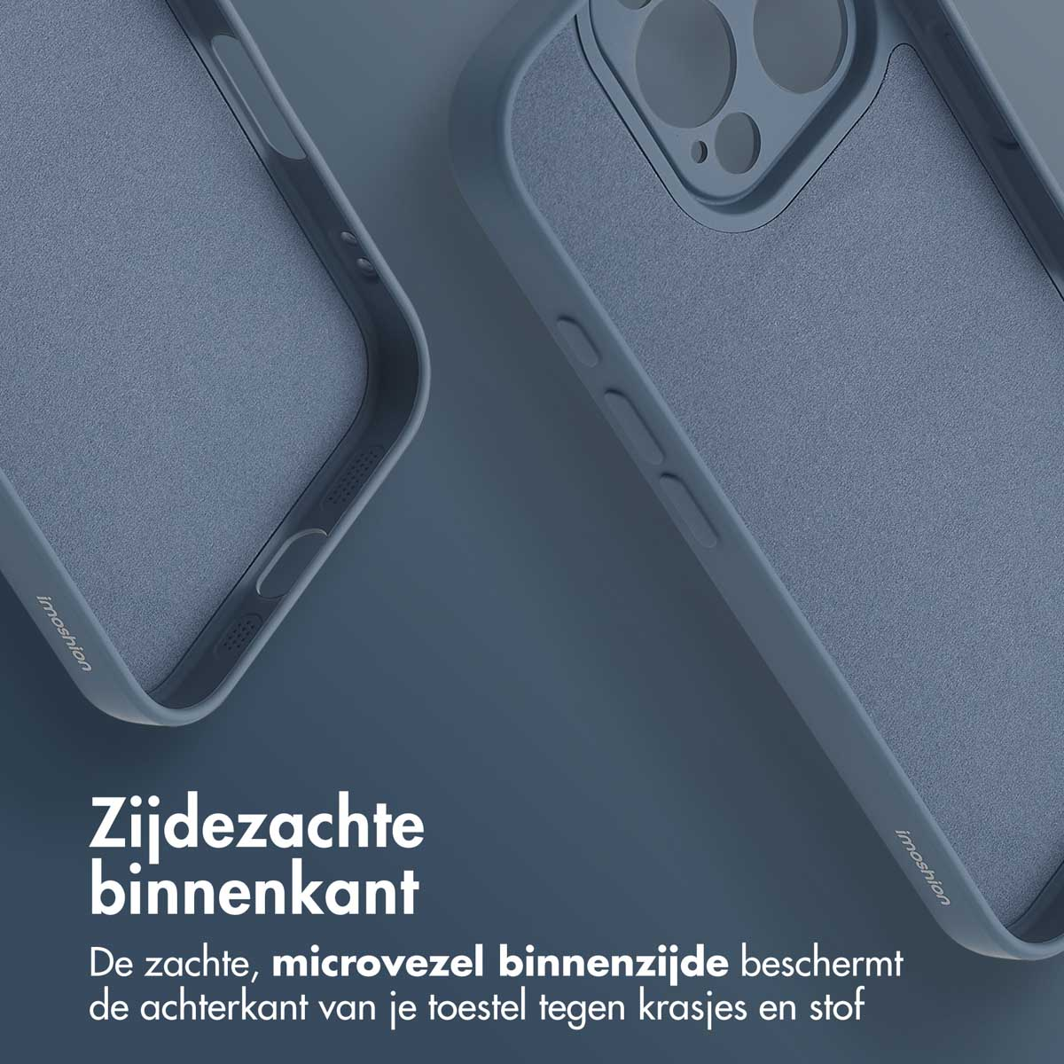 Deux étuis de téléphone bleus sont présentés. Le texte dit : intérieur doux protège des rayures et de la poussière.