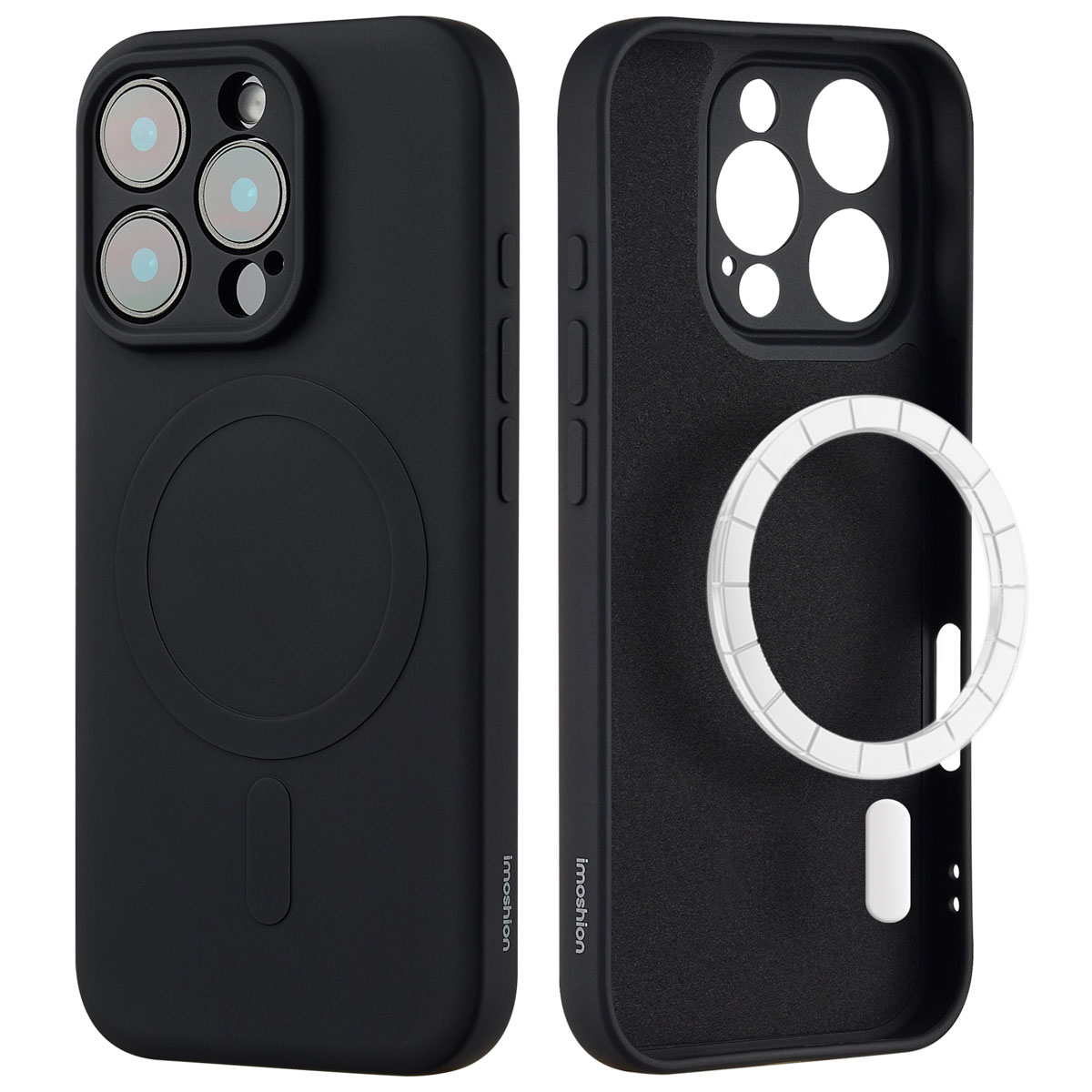 Coque de téléphone noire montrant l'arrière et l'intérieur. Elle a un cercle MagSafe et un logo imoshion.