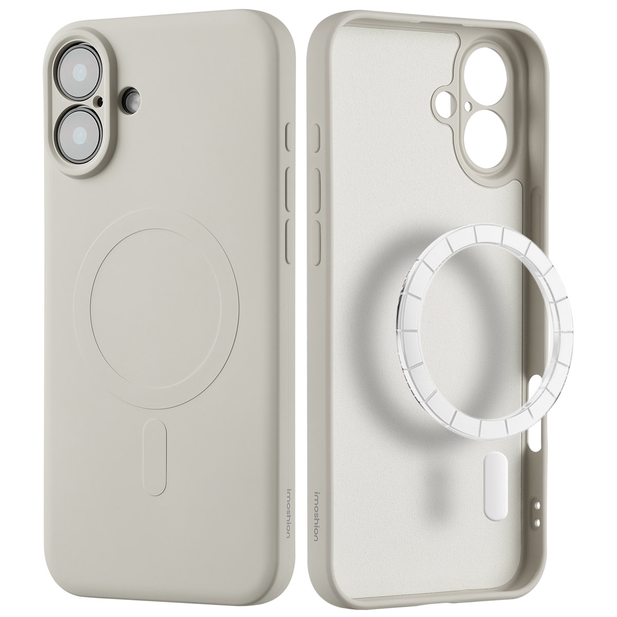 Coque de téléphone en deux parties, gris clair, avec caméra et cercle magsafe.