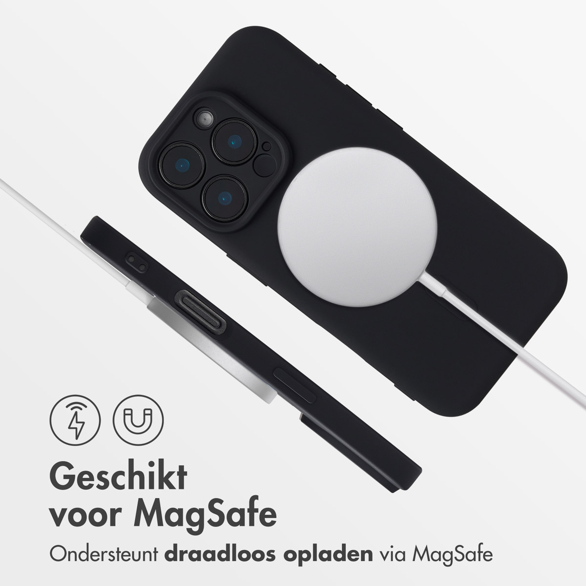 Une coque de téléphone noire avec chargeur MagSafe. Le téléphone se charge, le chargeur est connecté.