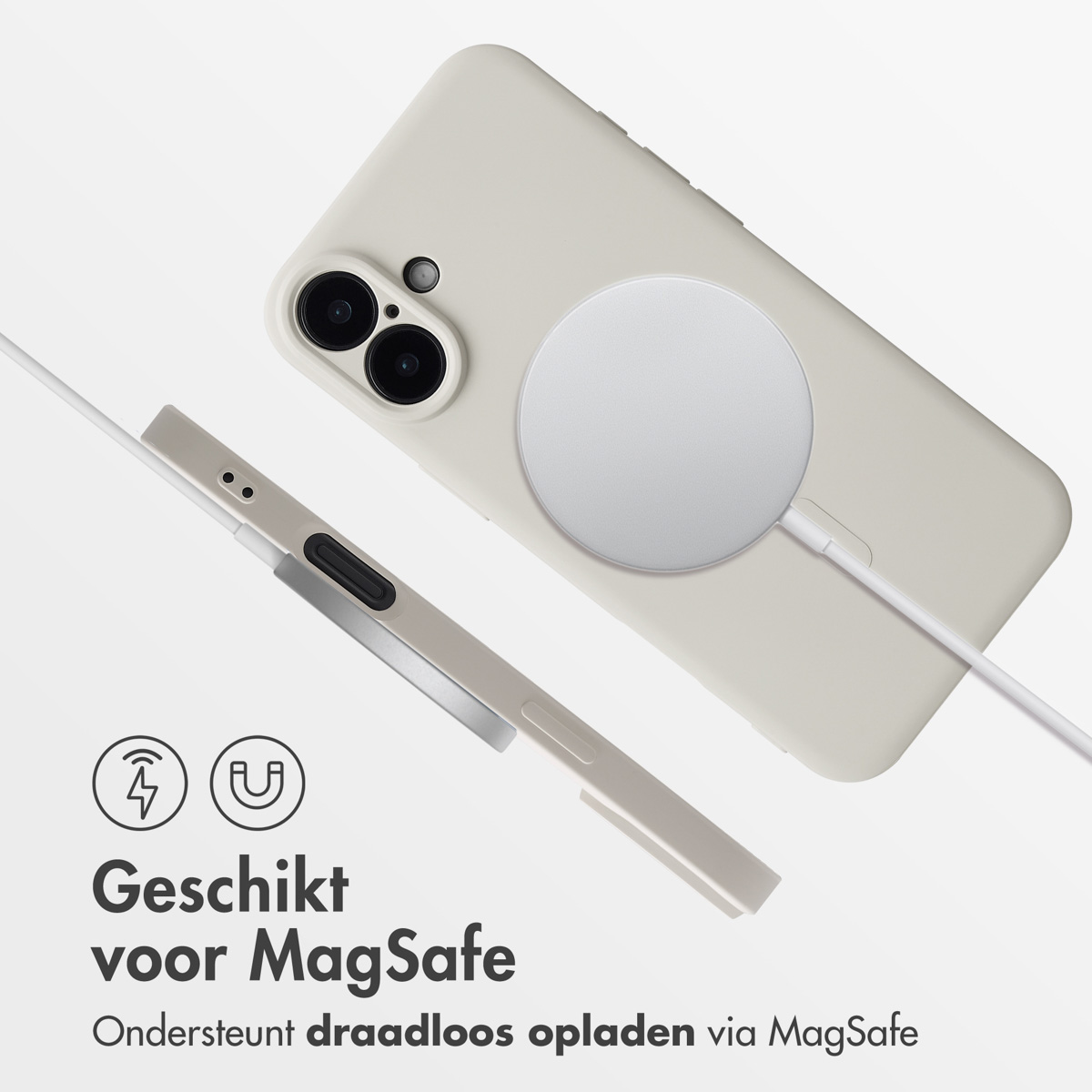 Une coque de téléphone avec chargeur MagSafe. Le téléphone se charge, le chargeur est connecté.