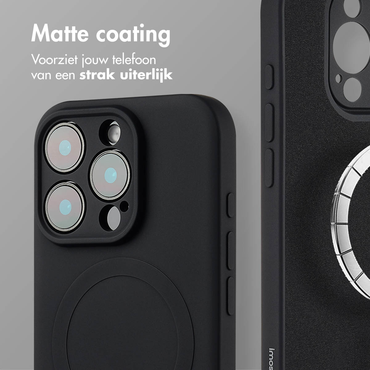 Coque de téléphone noire avec téléphone noir. Elle a un revêtement mat et un aimant.
