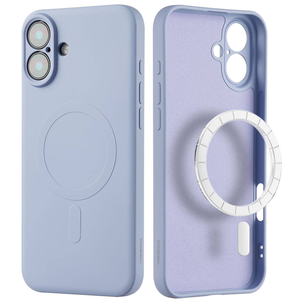 Coque de téléphone bleu clair. Elle a une découpe pour la caméra et un anneau blanc au dos.