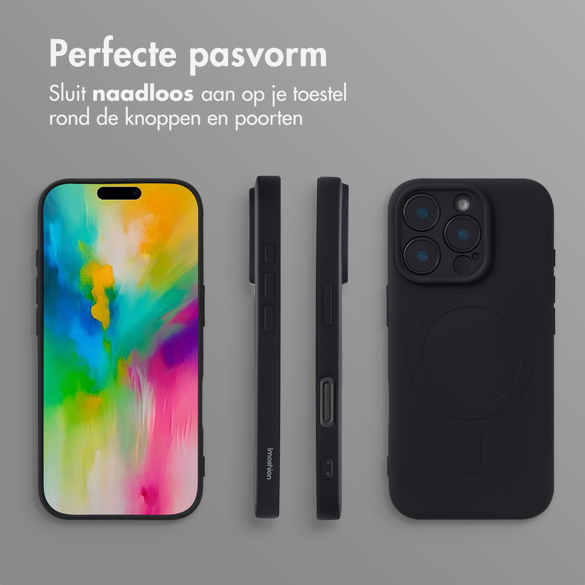 Étuis de téléphone noirs. Trois étuis présentés, un avec téléphone à art coloré, deux vides montrant les côtés.