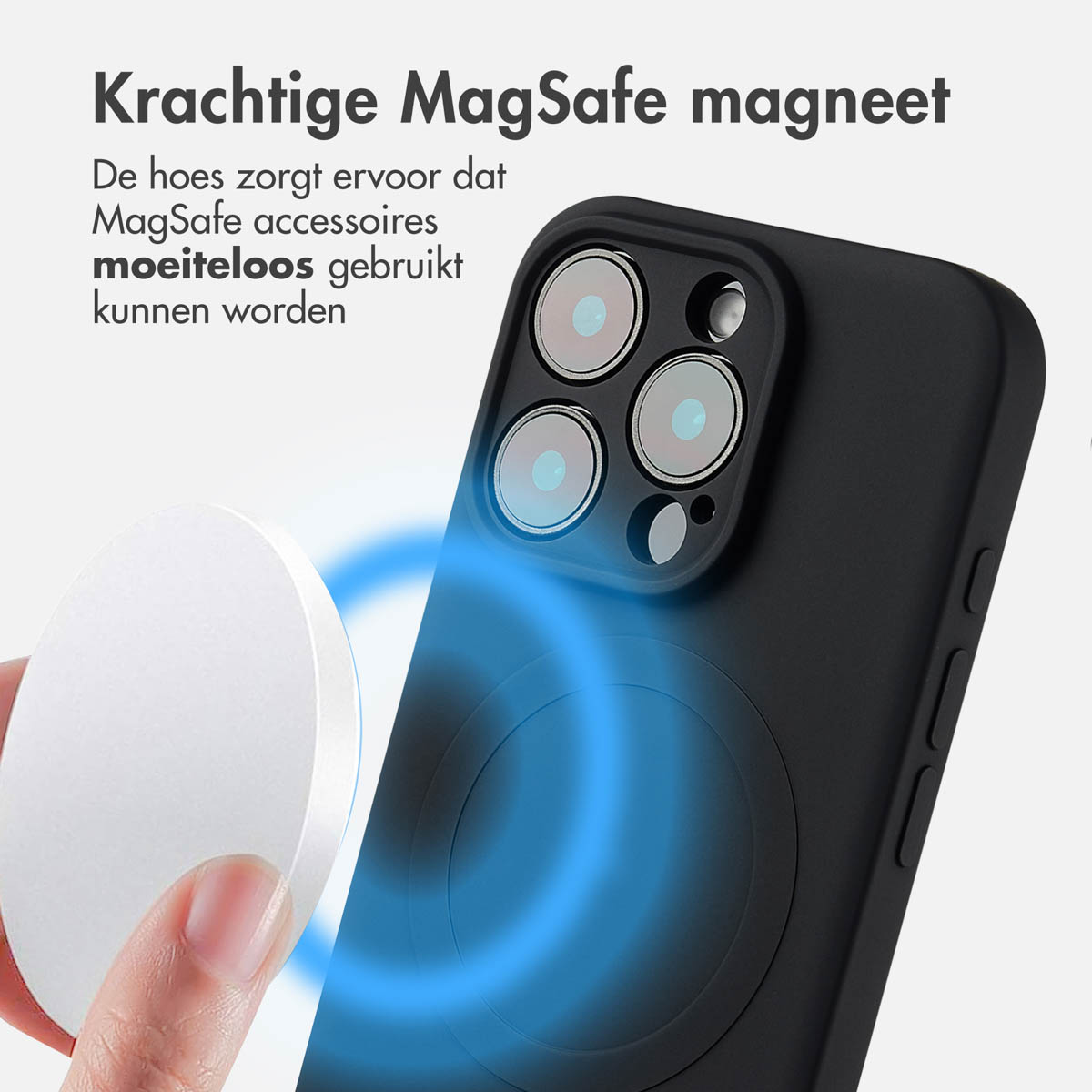 Coque de téléphone noire avec chargeur MagSafe blanc attaché et texte sur les fonctionnalités MagSafe.