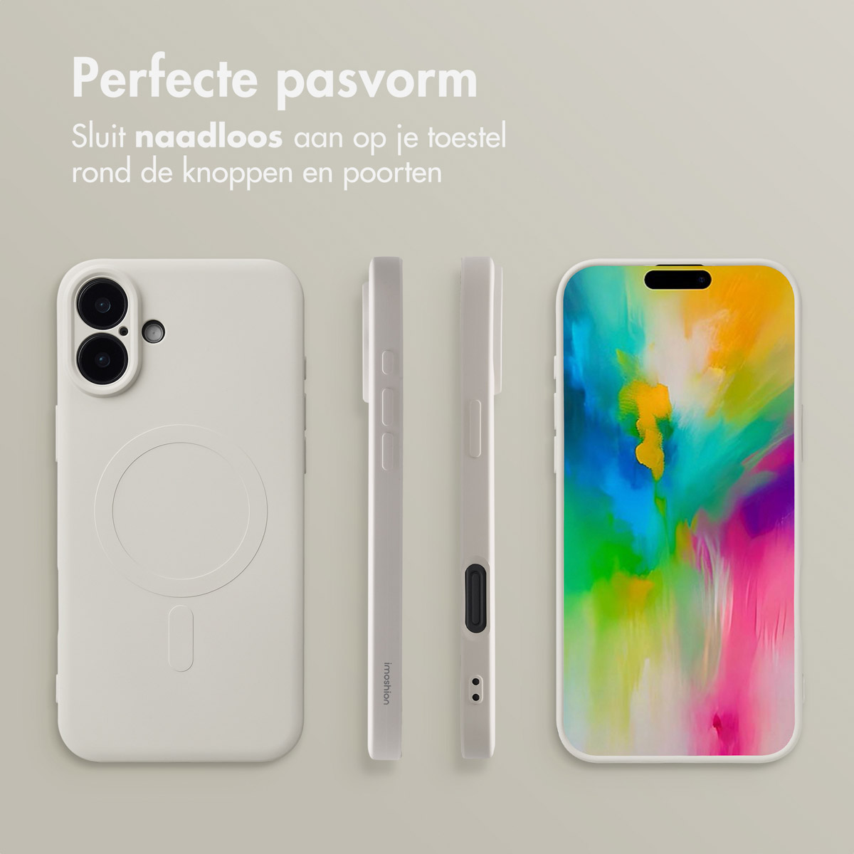 Quatre coques de téléphone sont présentées, avec un fond blanc et du texte : Ajustement parfait. S'adapte parfaitement.
